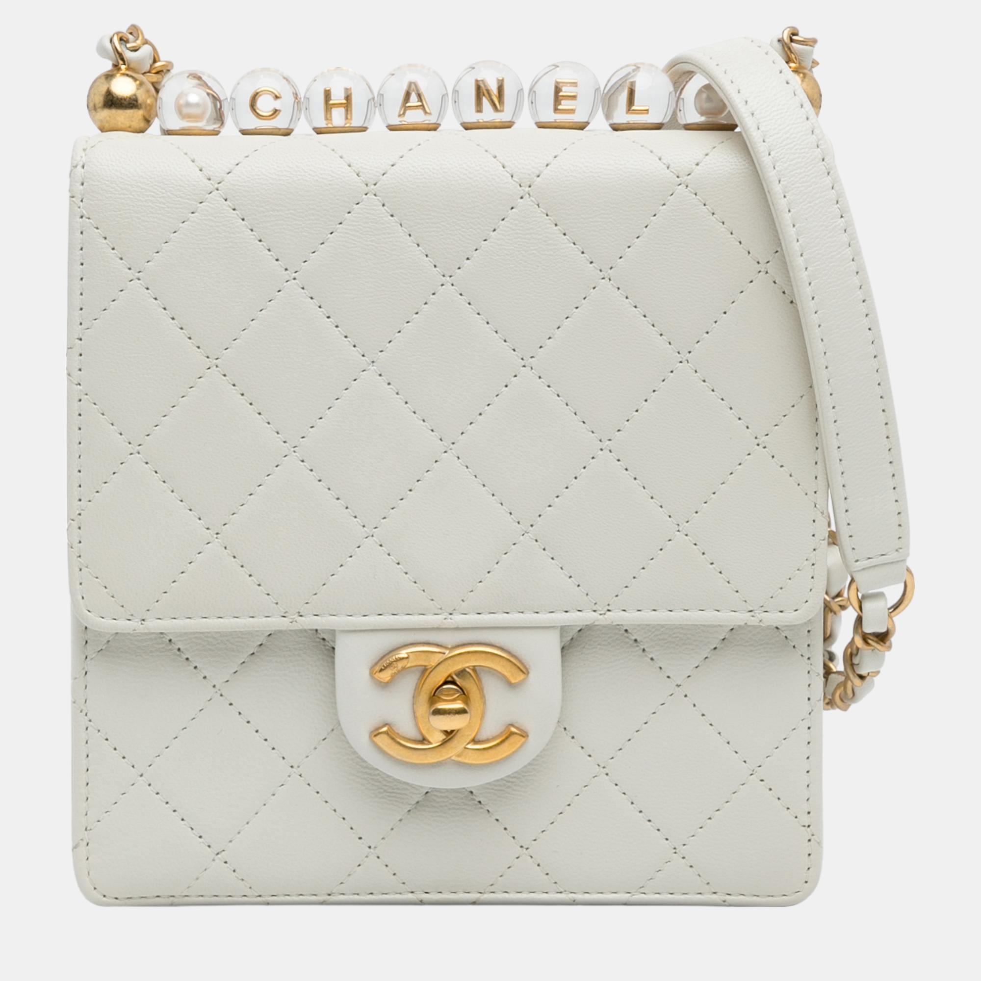 Chanel white small chic pearls flap
