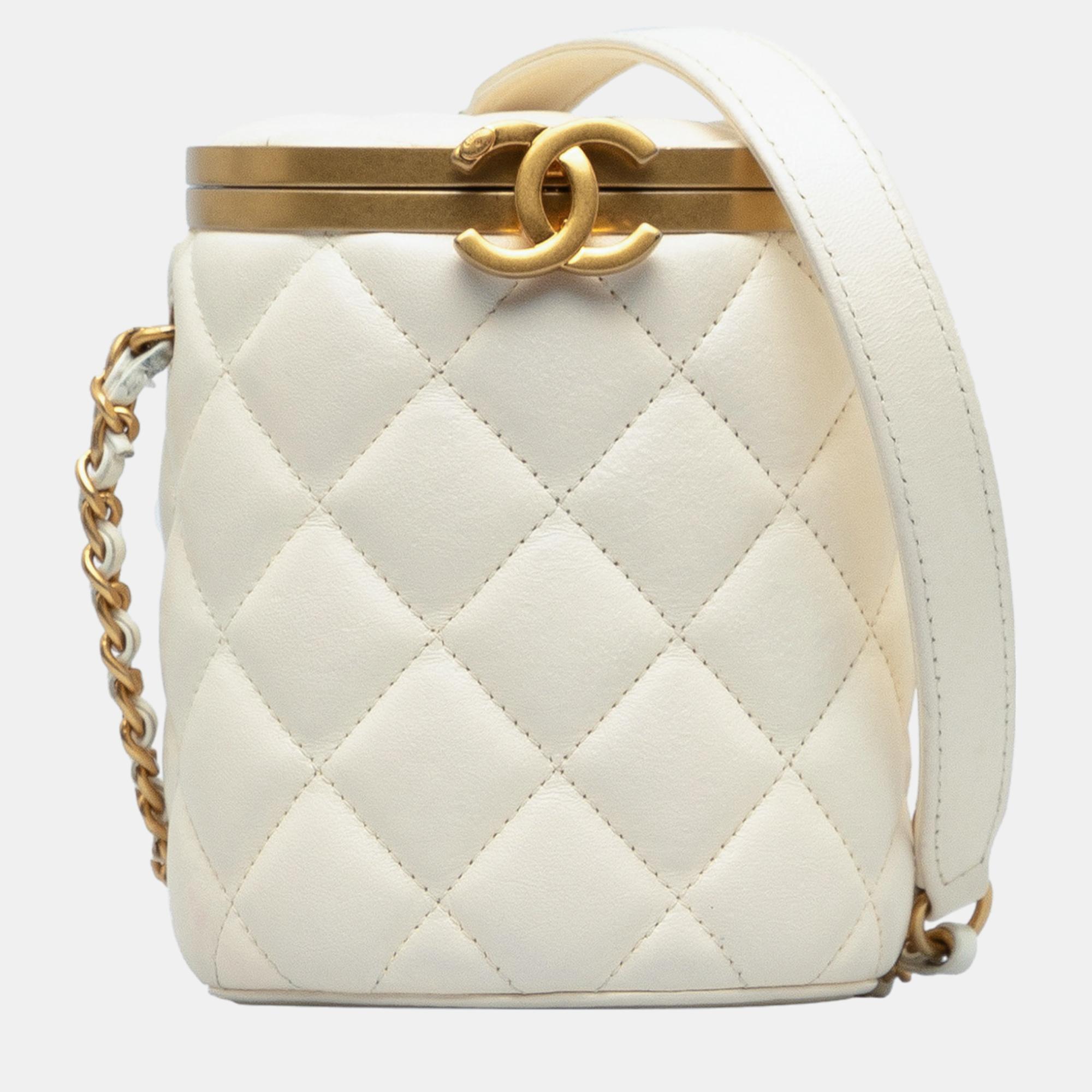Chanel white small quilted lambskin crown box bag
