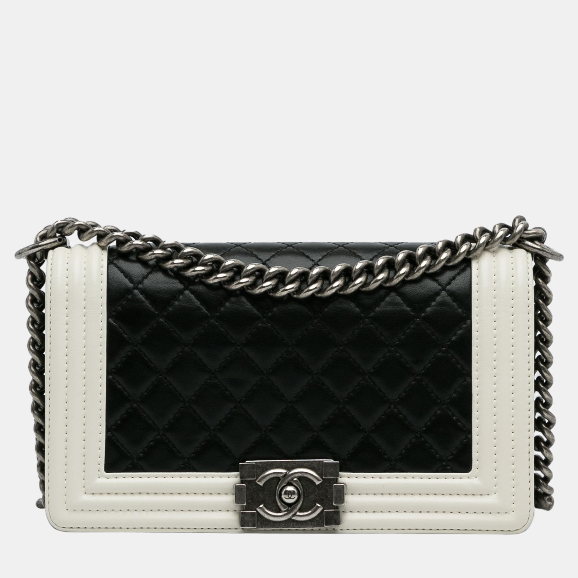 Chanel black/white medium lambskin boy bicolor flap bag