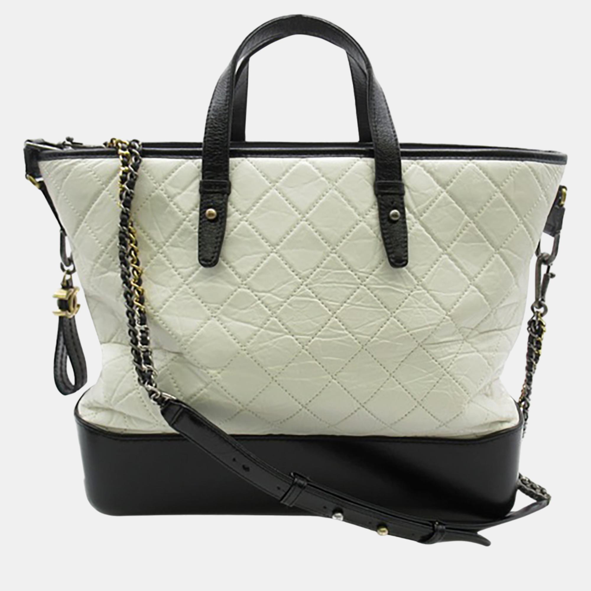 Chanel white/black large aged calfskin gabrielle shopping tote