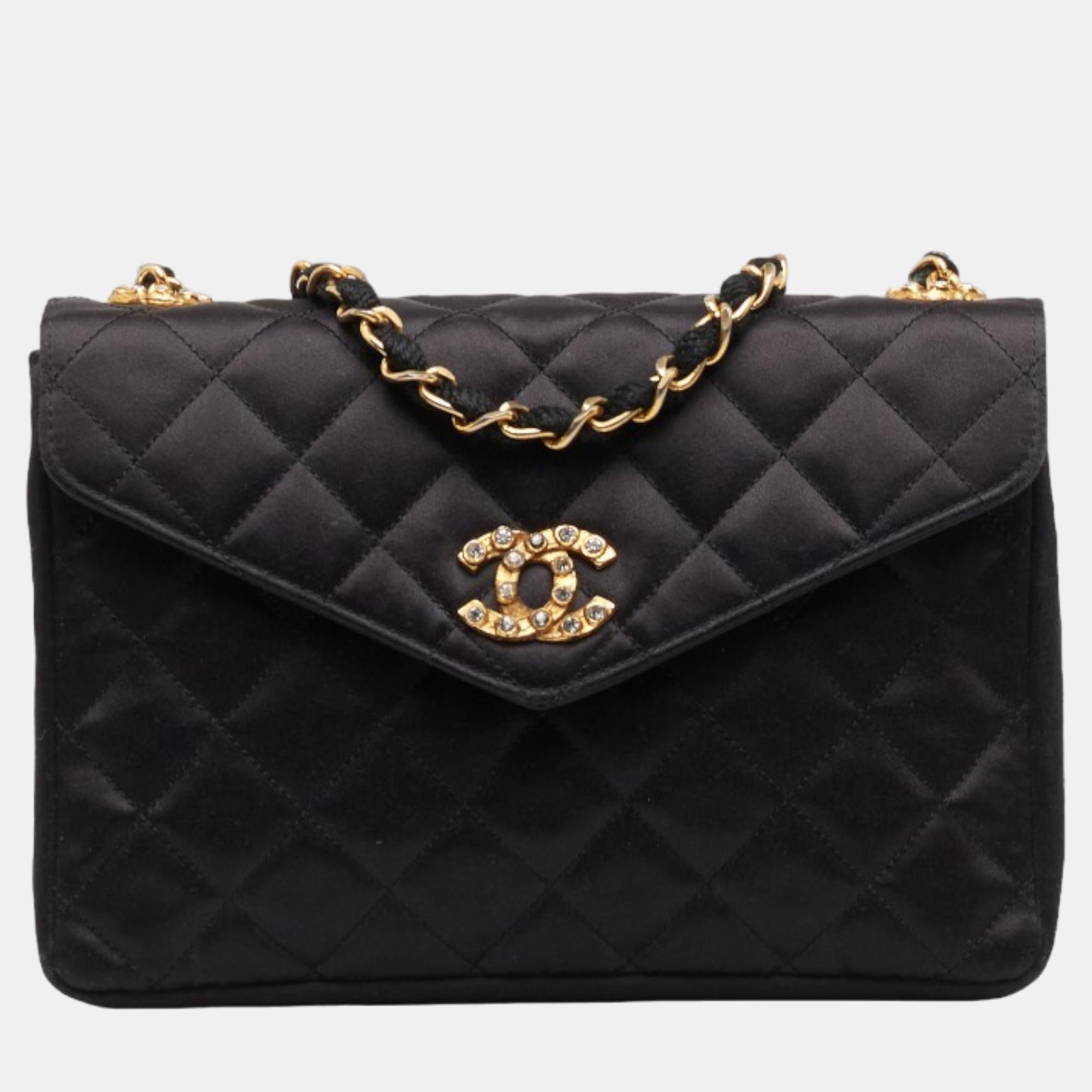 Chanel black satin quilted velvet flap bag