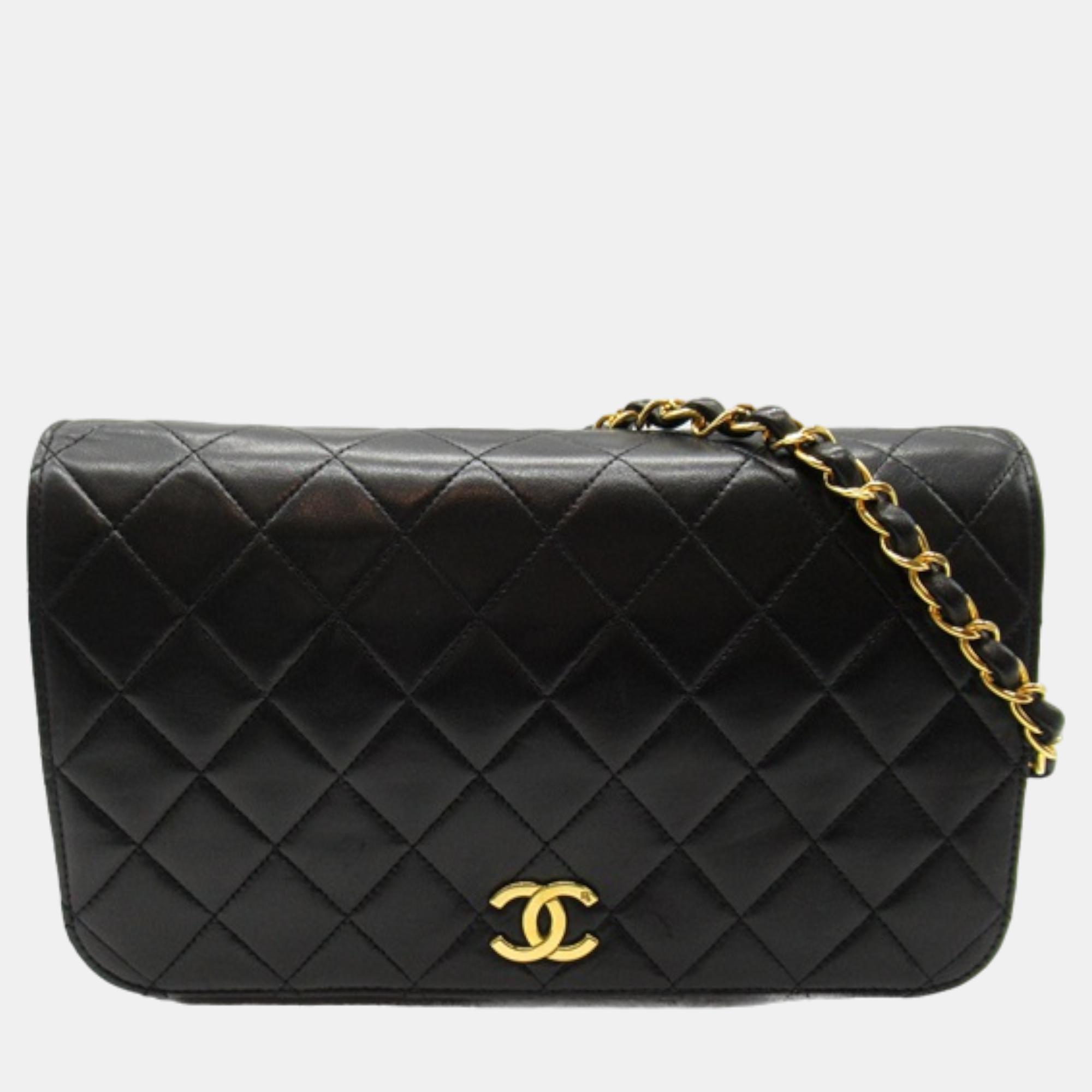 Chanel black leather cc matelasse full flap bag