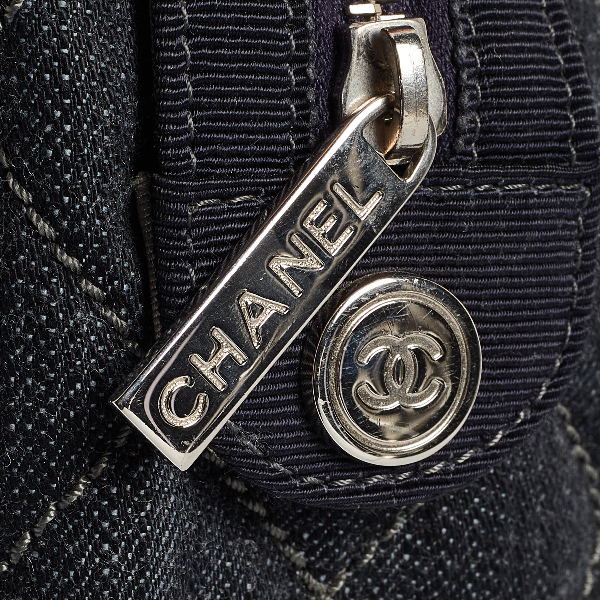 Chanel Dark Blue Quilted Denim Bowler Bag