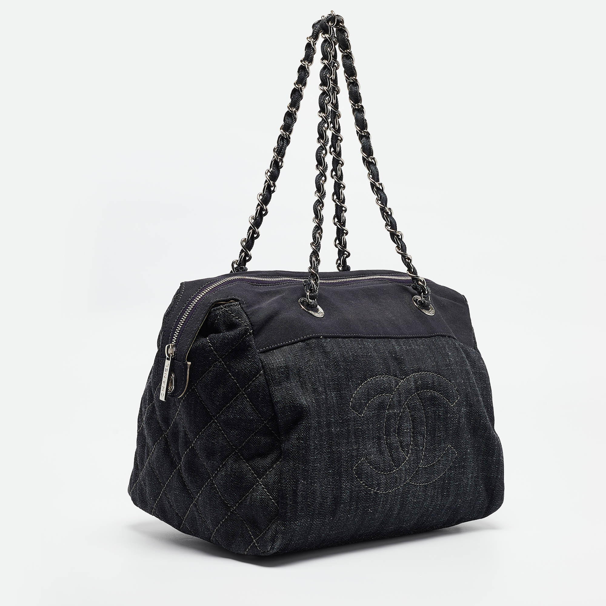 Chanel Dark Blue Quilted Denim Bowler Bag