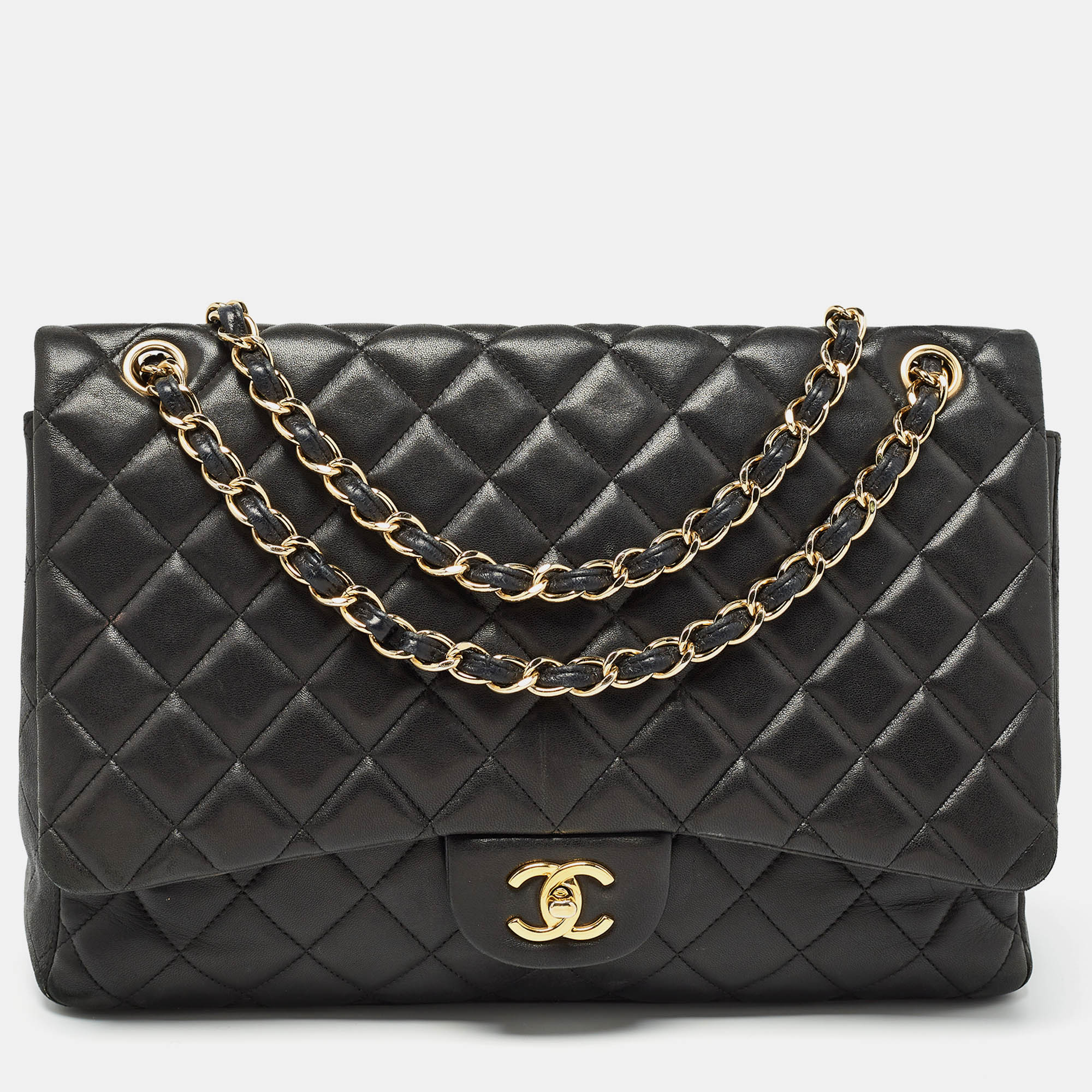 Chanel black quilted lambskin leather maxi classic single flap bag