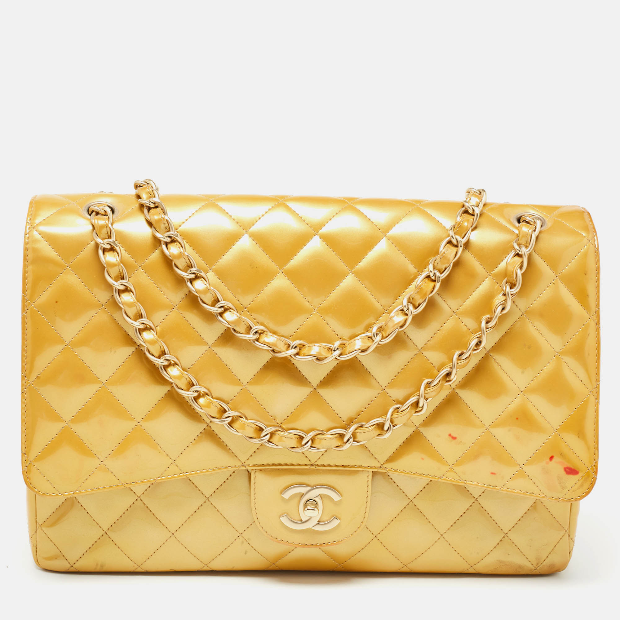 Chanel gold quilted patent leather maxi classic single flap bag