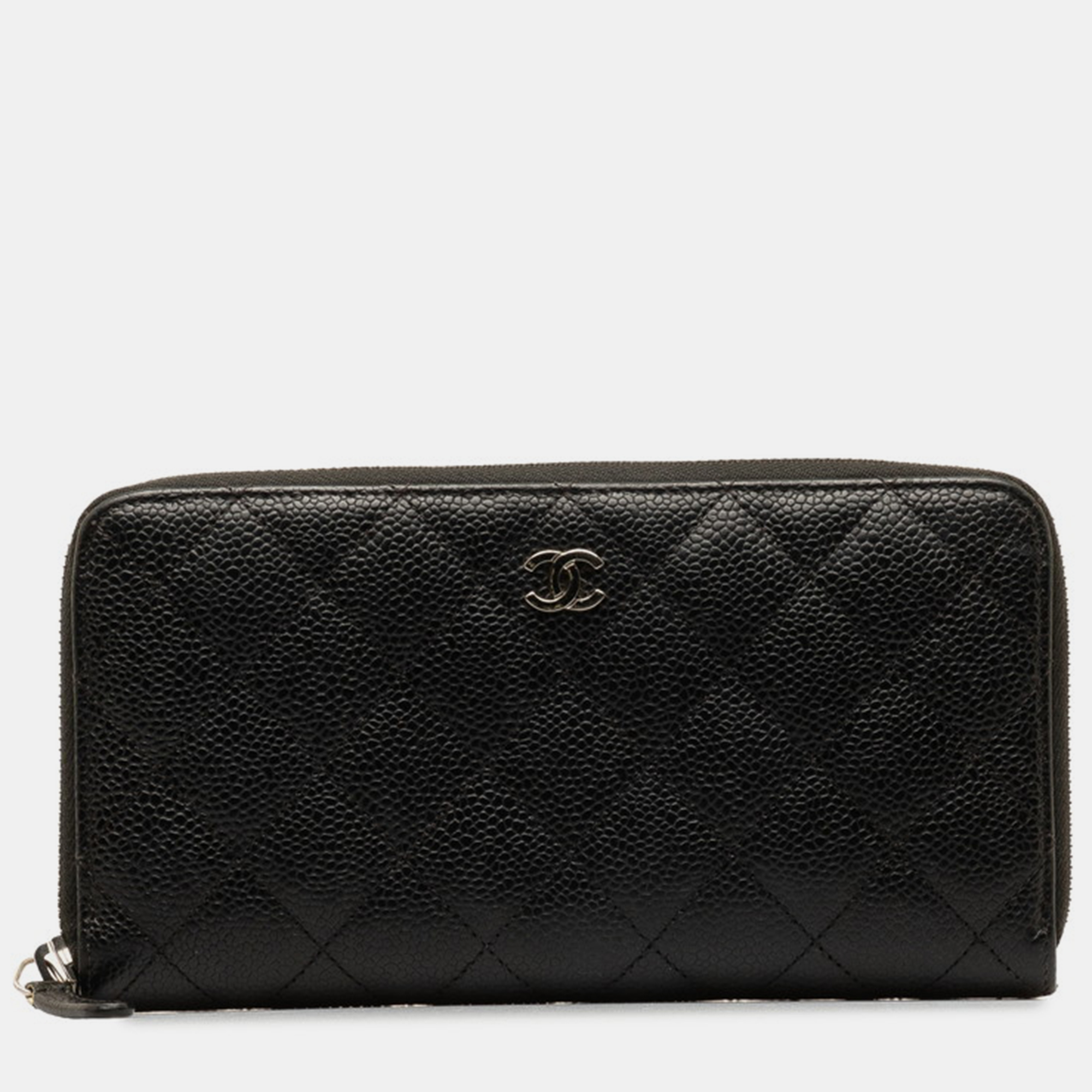 Chanel black leather quilted caviar zip around wallet