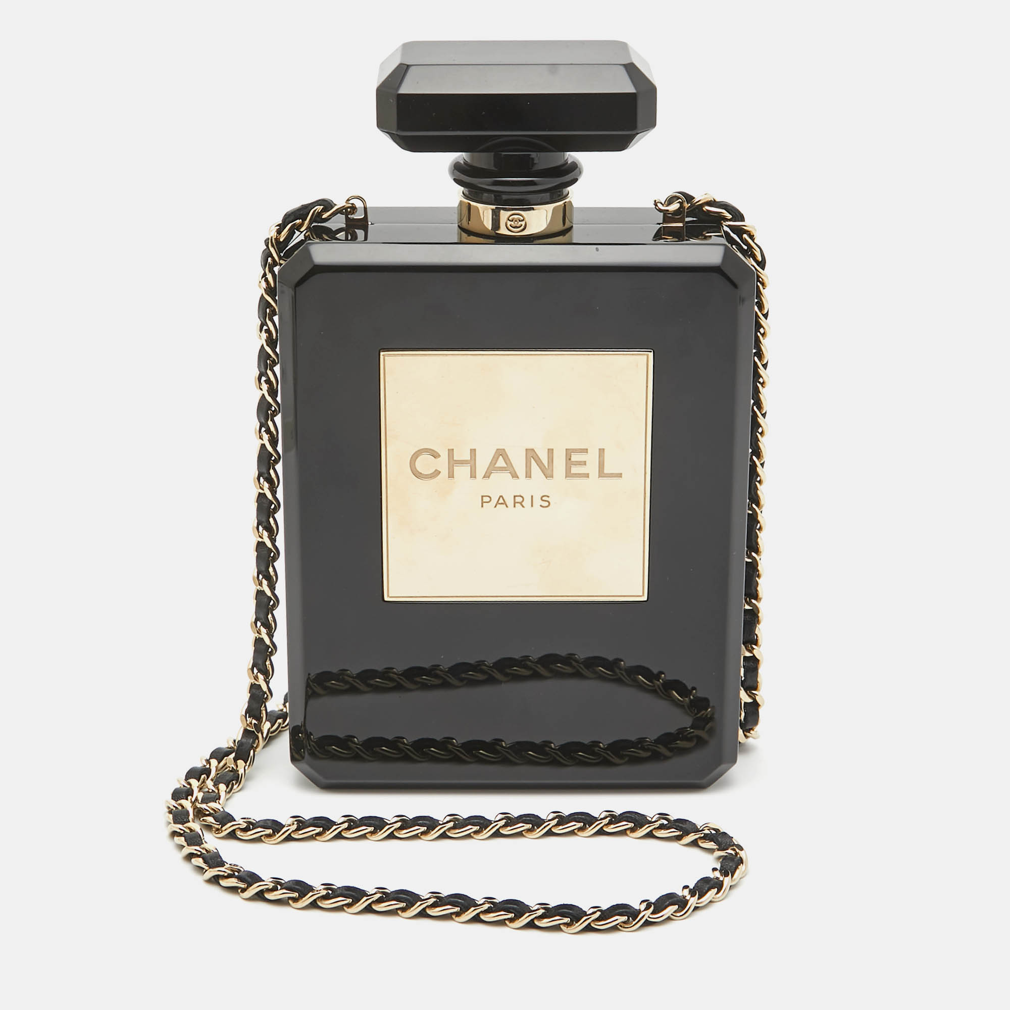 Chanel black plexiglass perfume bottle clutch bag