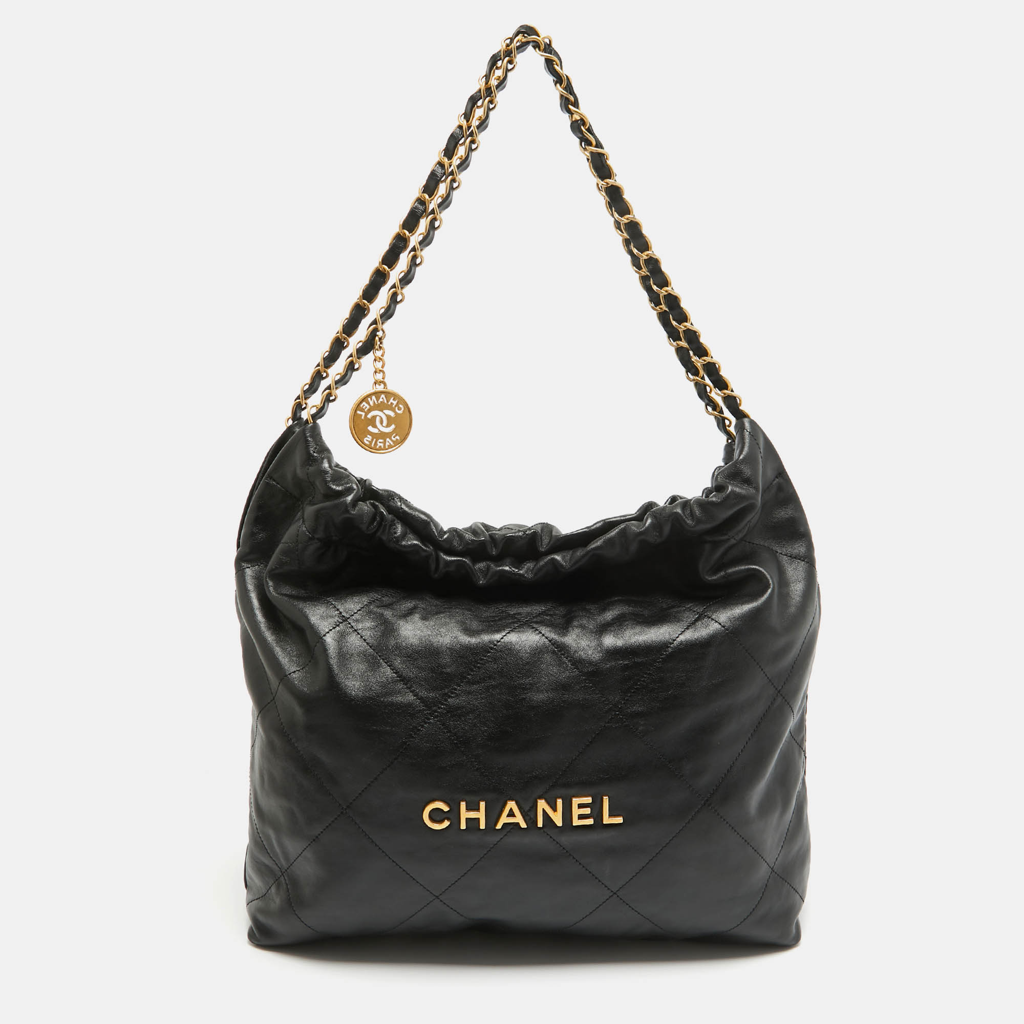 Chanel black quilted leather medium 22 hobo