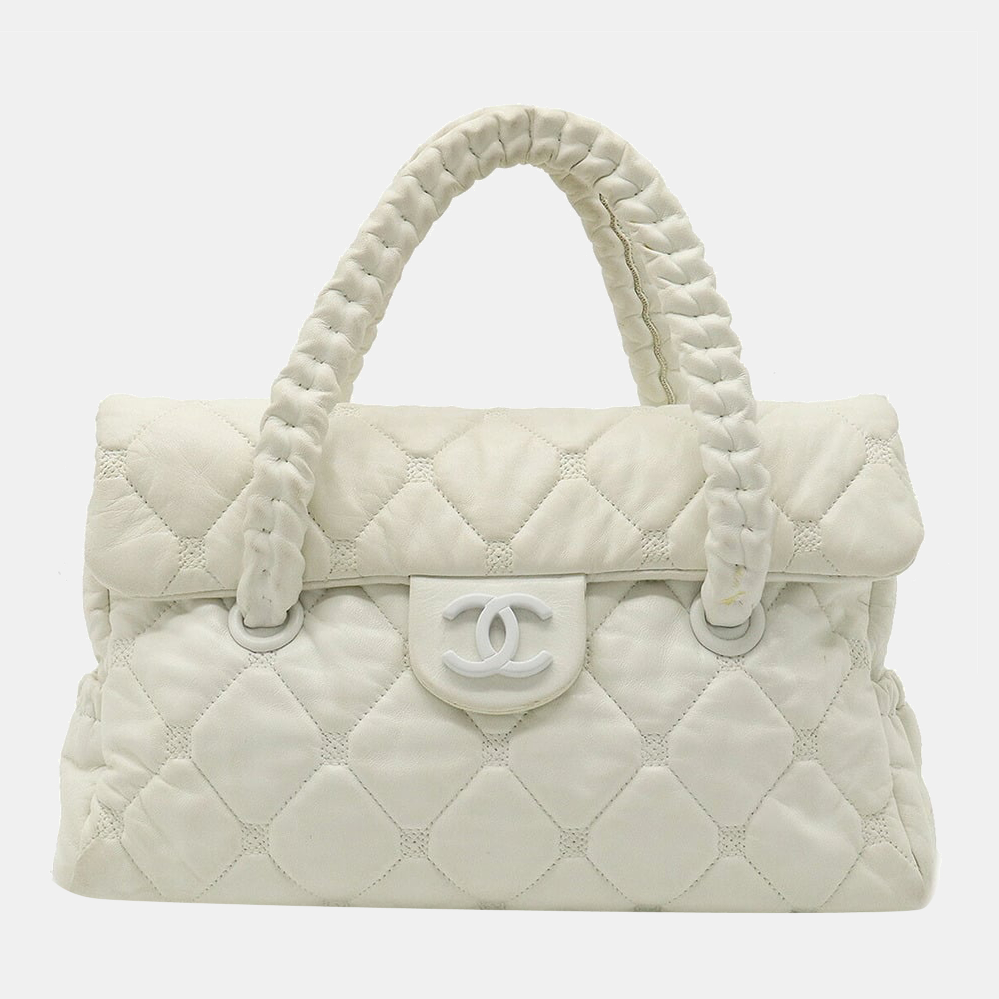 Chanel white lambskin leather woven cc shoulder bag