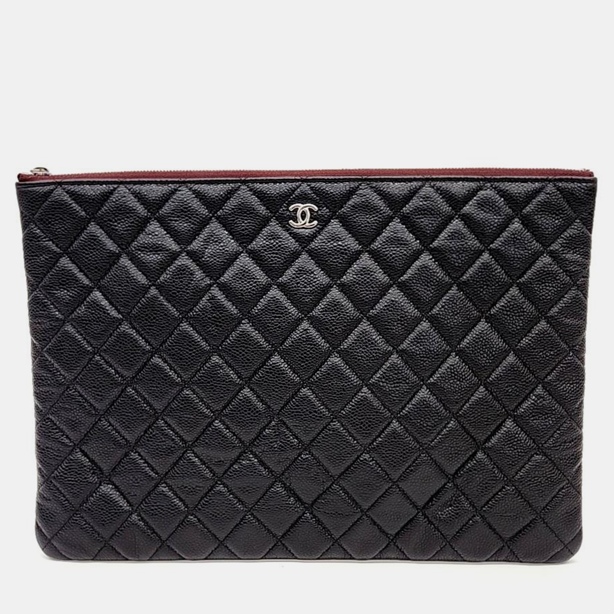 Chanel black caviar leather large clutch bag