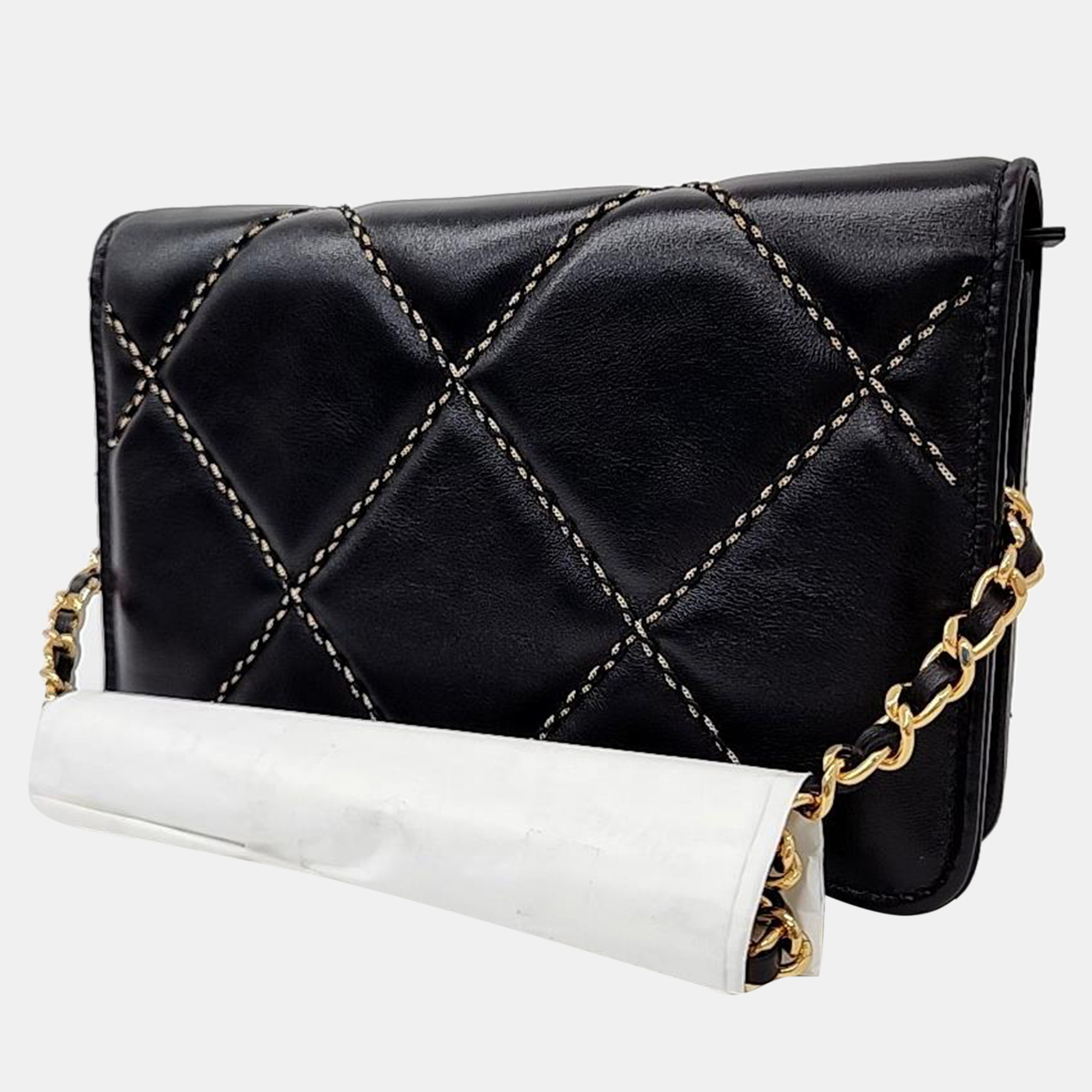 Chanel Black Leather Wild Stitch Wallet On Chain