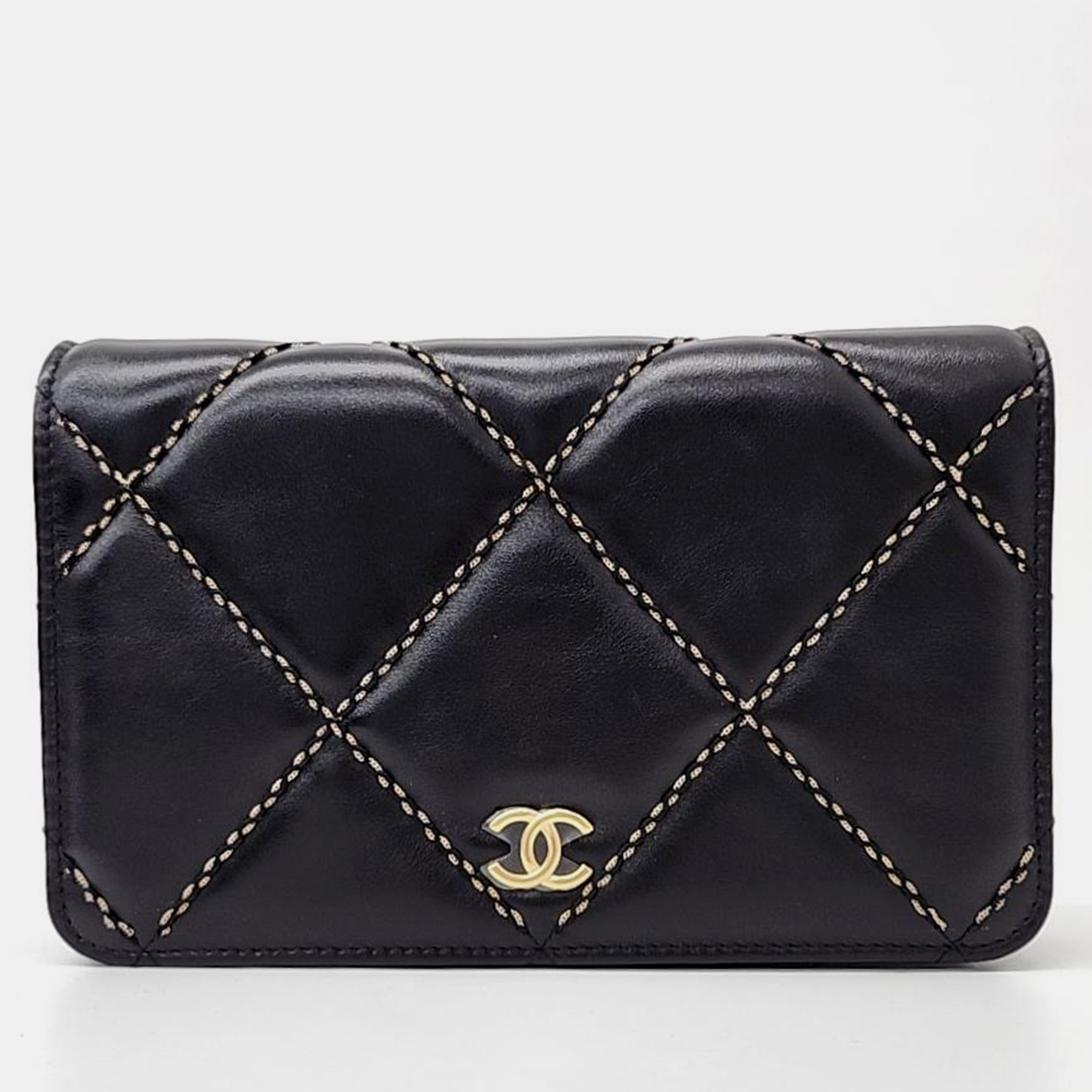 Chanel black leather wild stitch wallet on chain