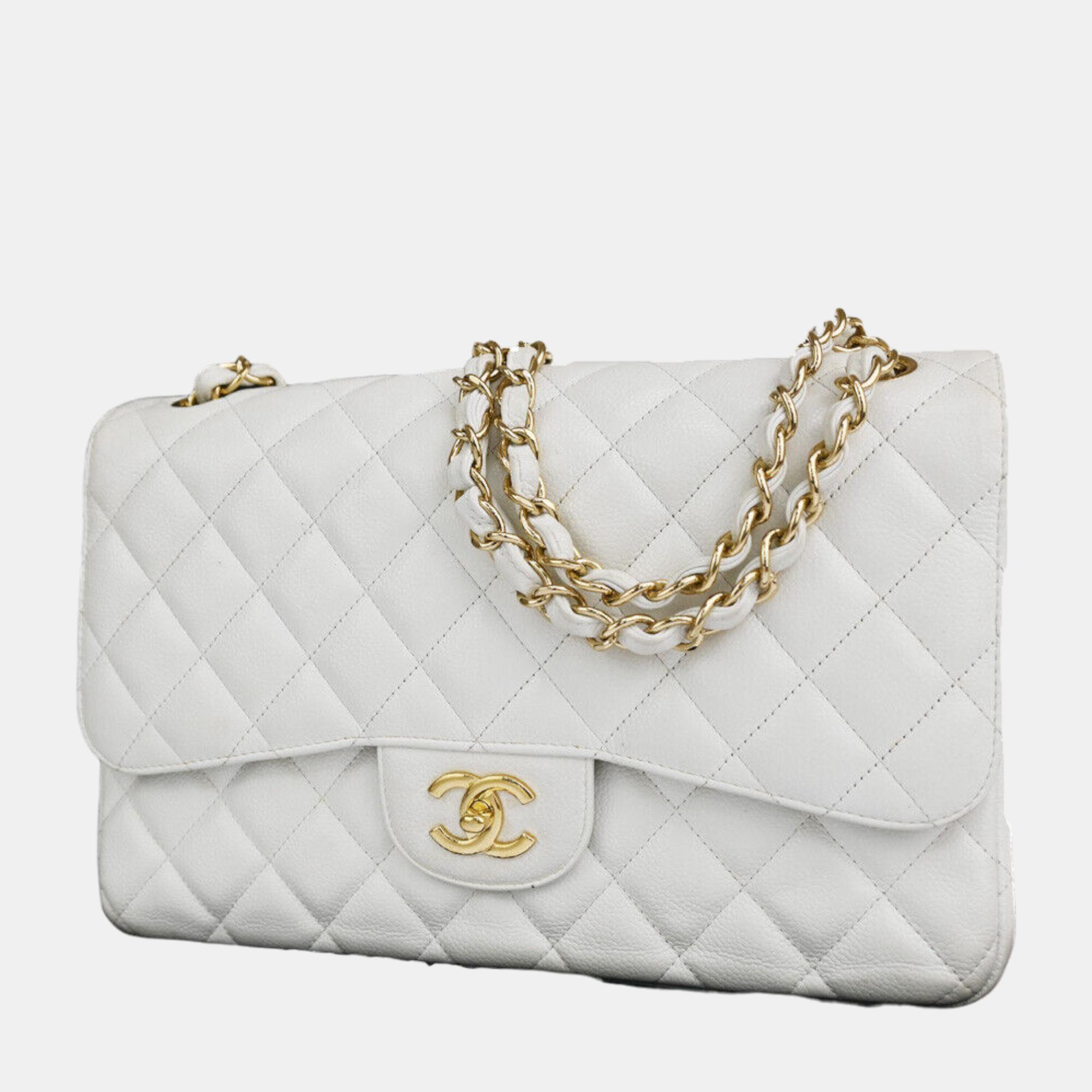 Chanel white lambskin leather  classic double flap shoulder bags