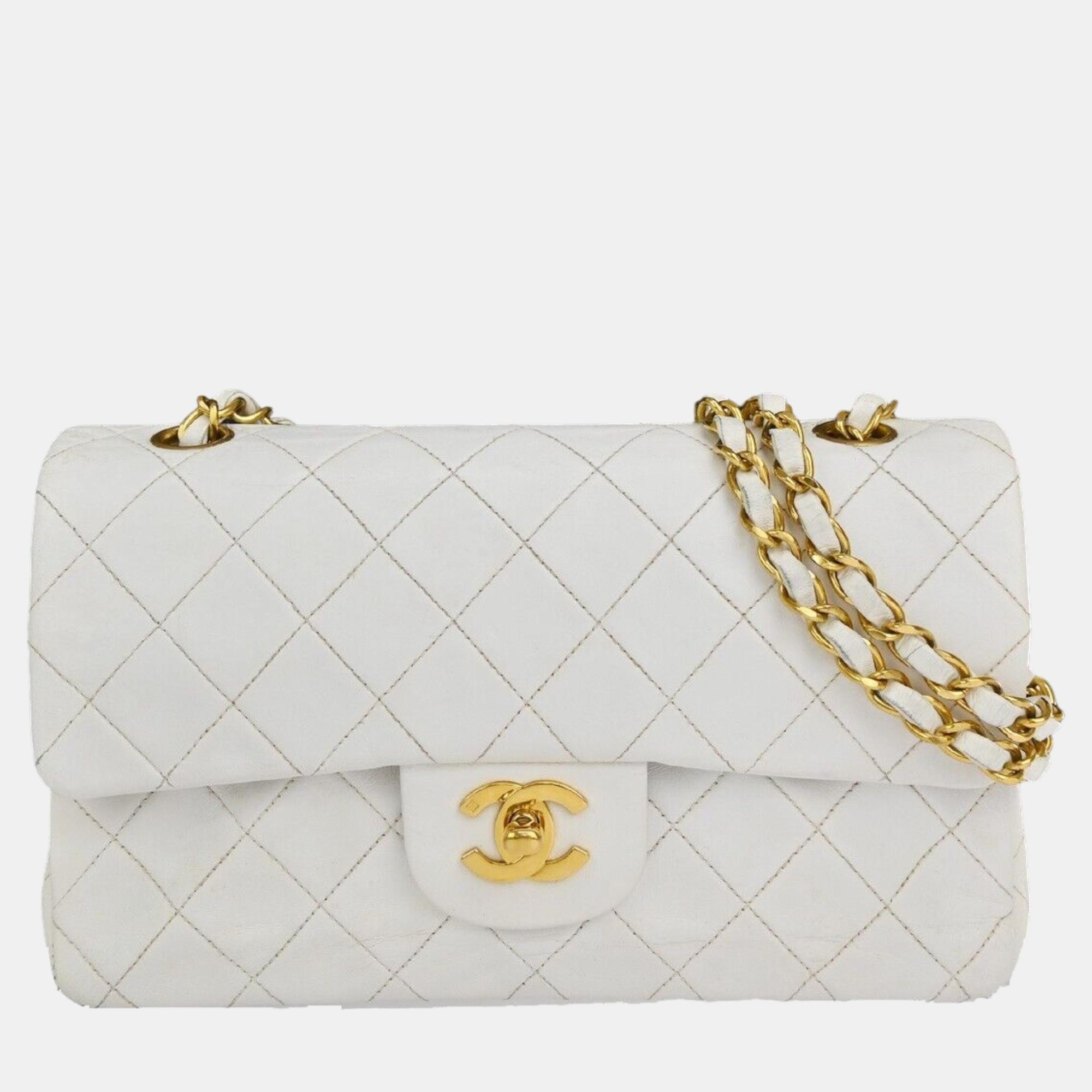 Chanel white lambskin leather small classic double flap shoulder bags