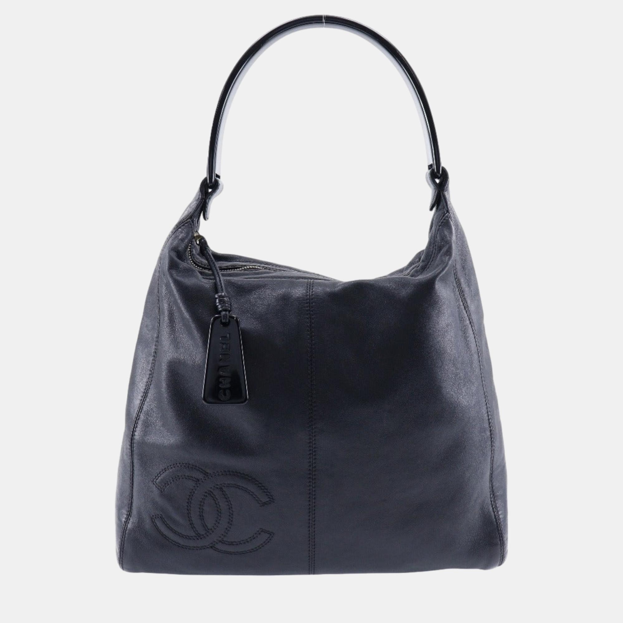 Chanel black leather vintage cc logo hobo large shoulder bag