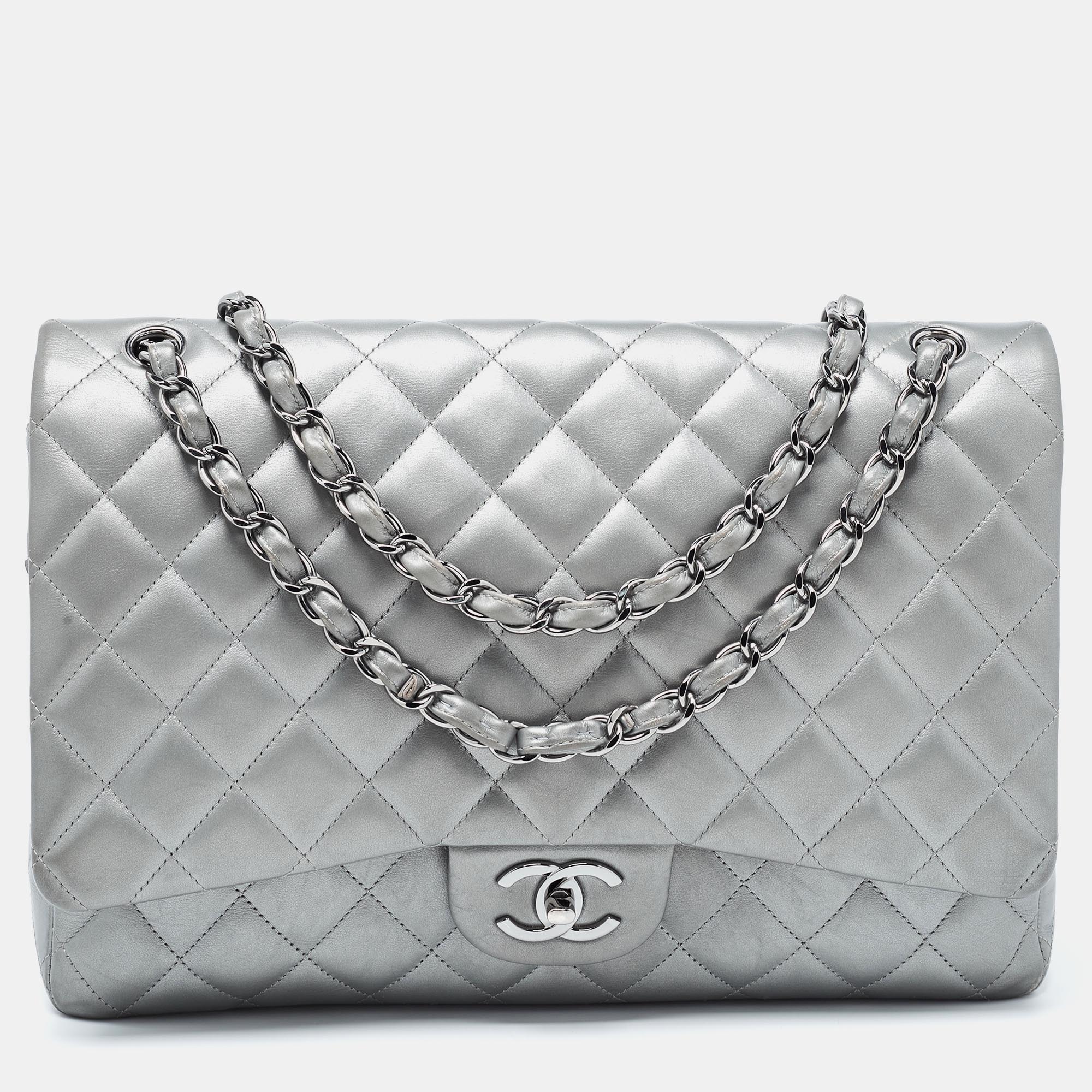 Chanel grey quilted leather maxi classic double flap bag