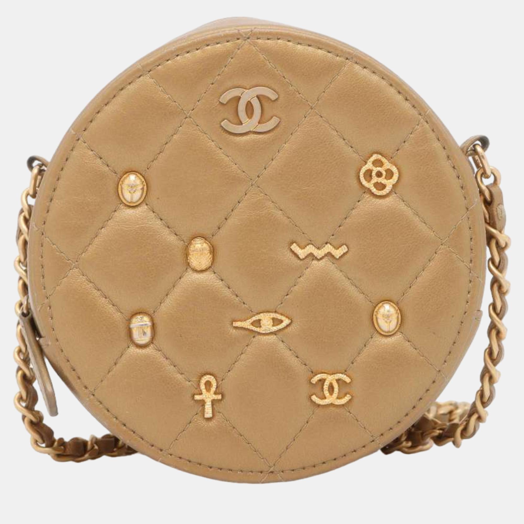 Chanel gold leather paris-new york egyptian amulet round shoulder bag