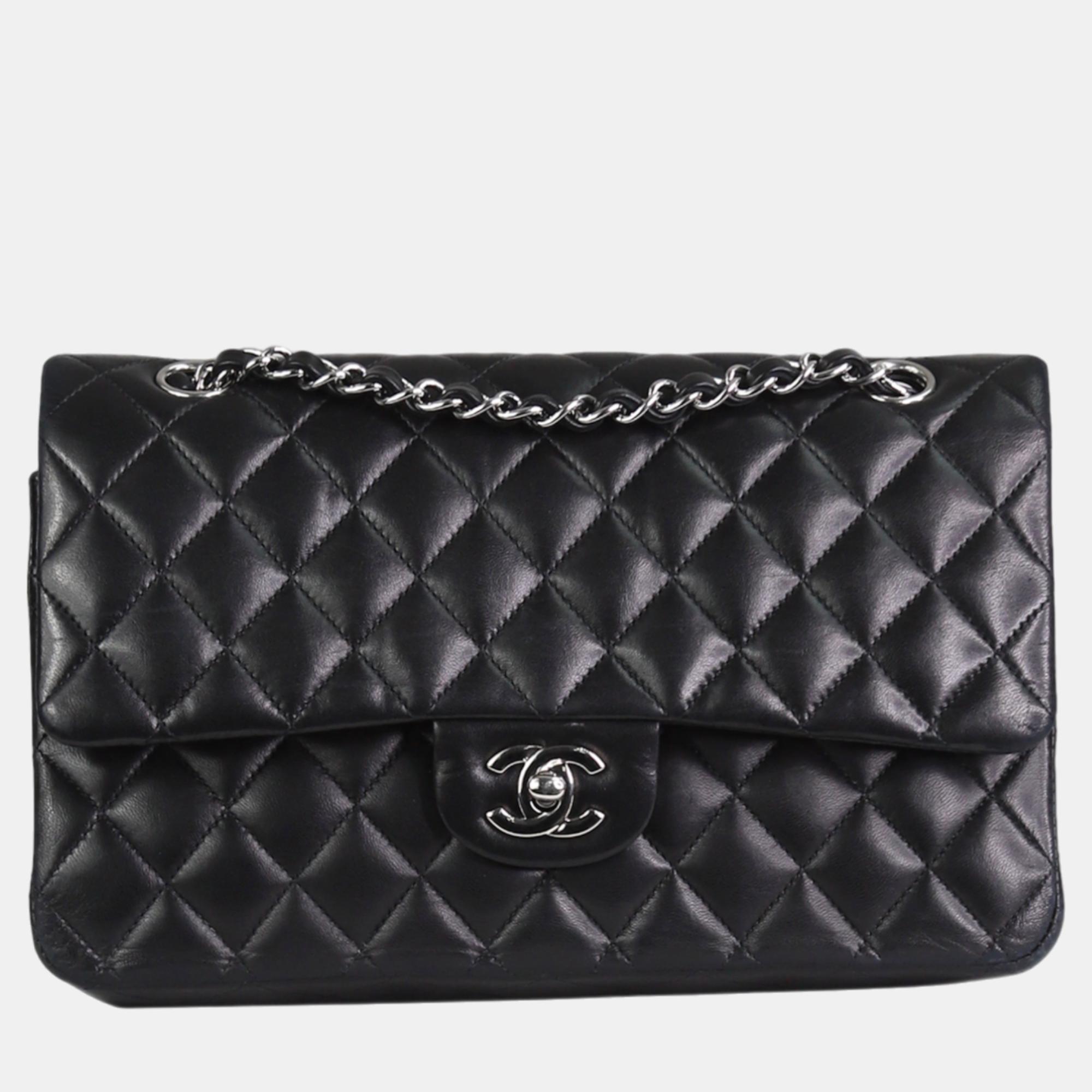 Chanel black leather classic double flap shoulder bag
