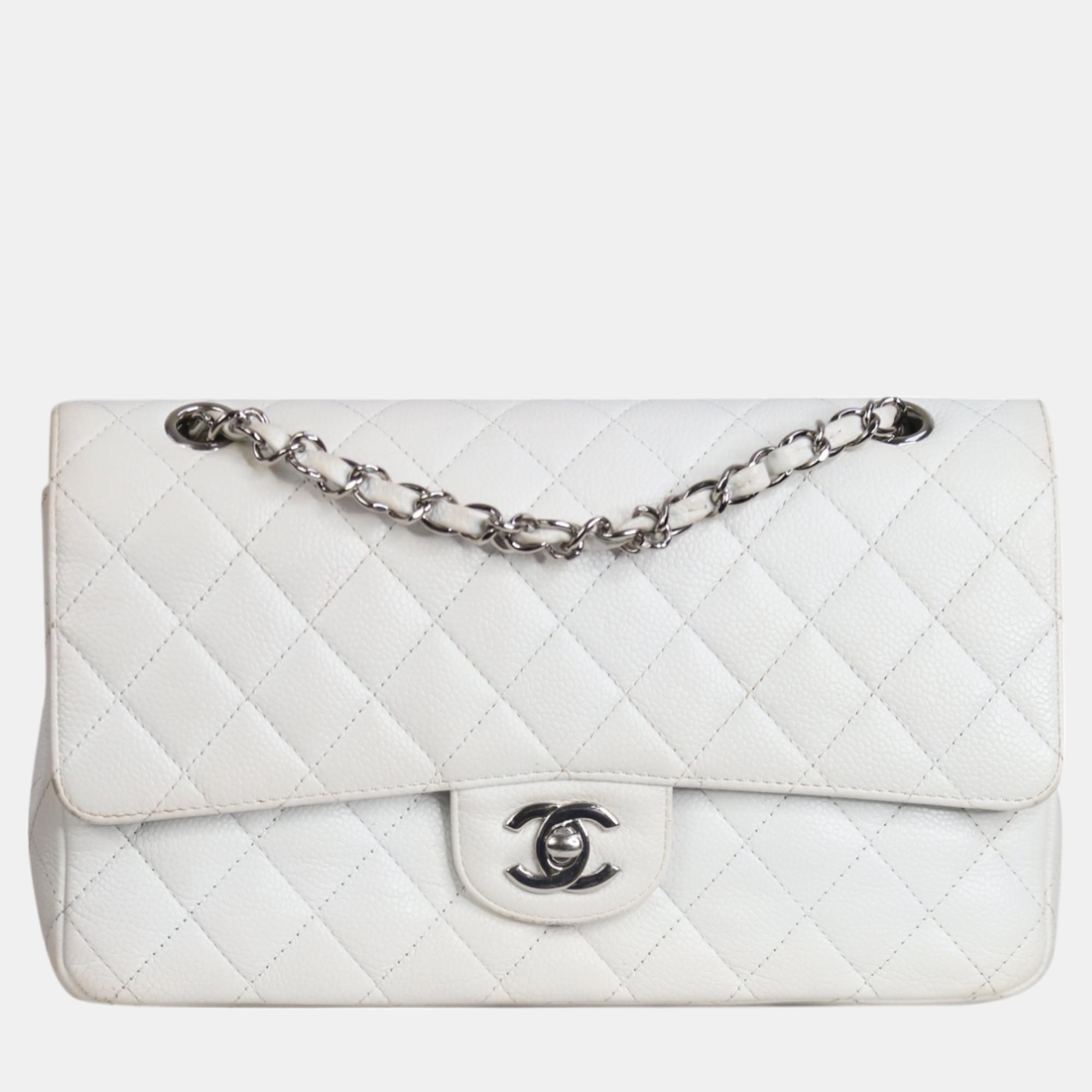 Chanel white leather classic double flap bag