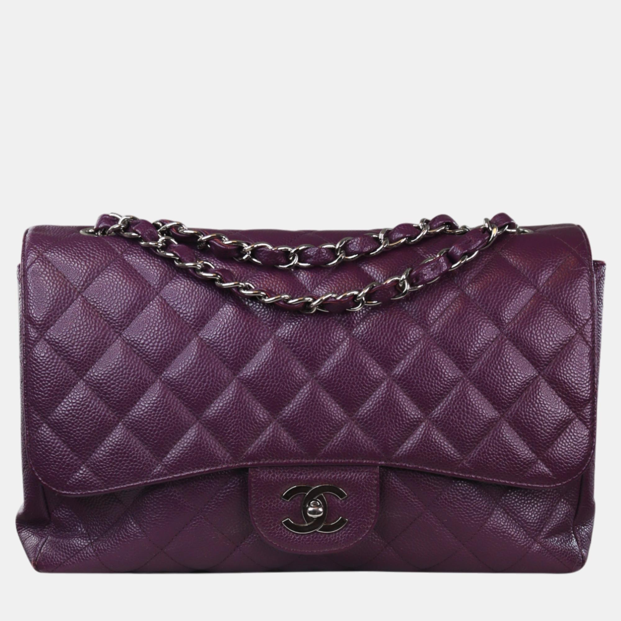 Chanel purple leather classic double flap jumbo bag