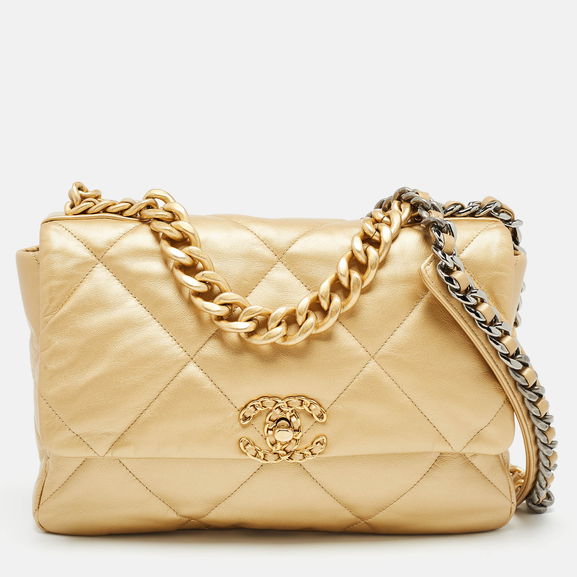 Chanel gold quilted leather large 19 flap bag