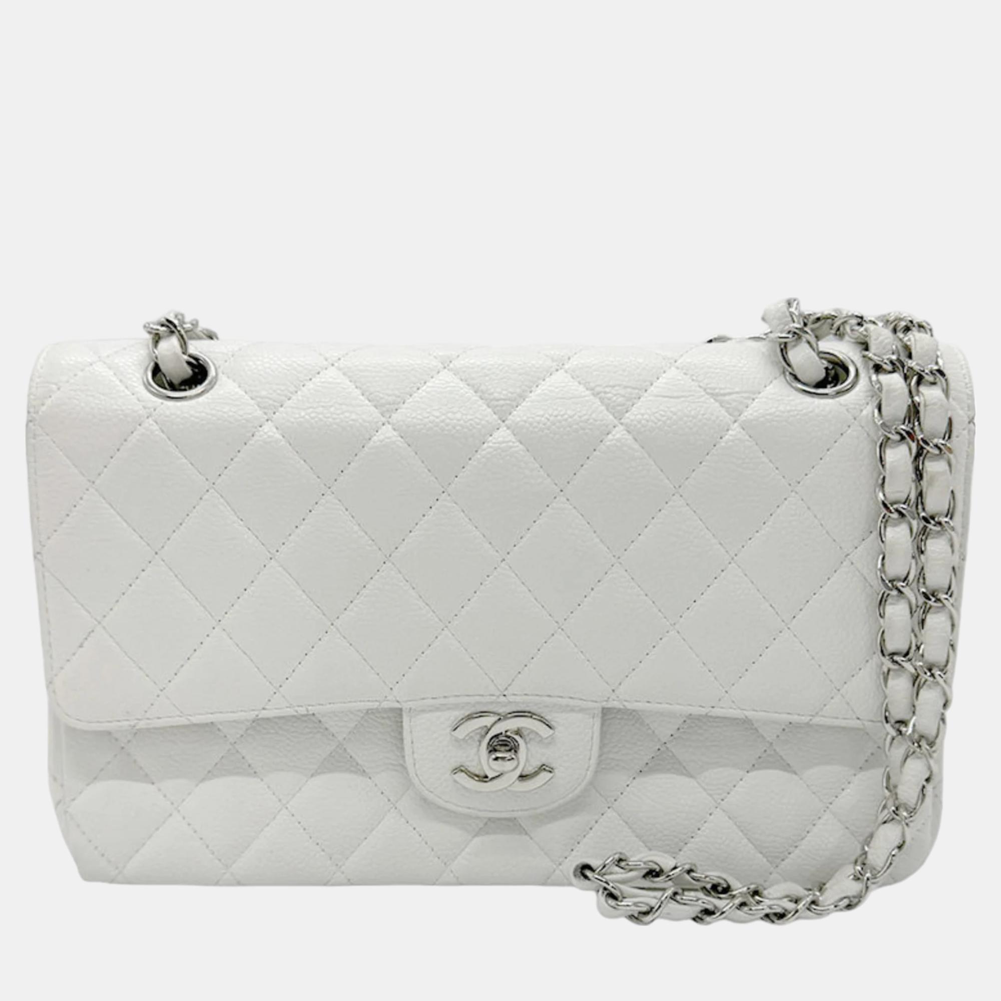 Chanel white caviar leather medium classic double flap shoulder bag