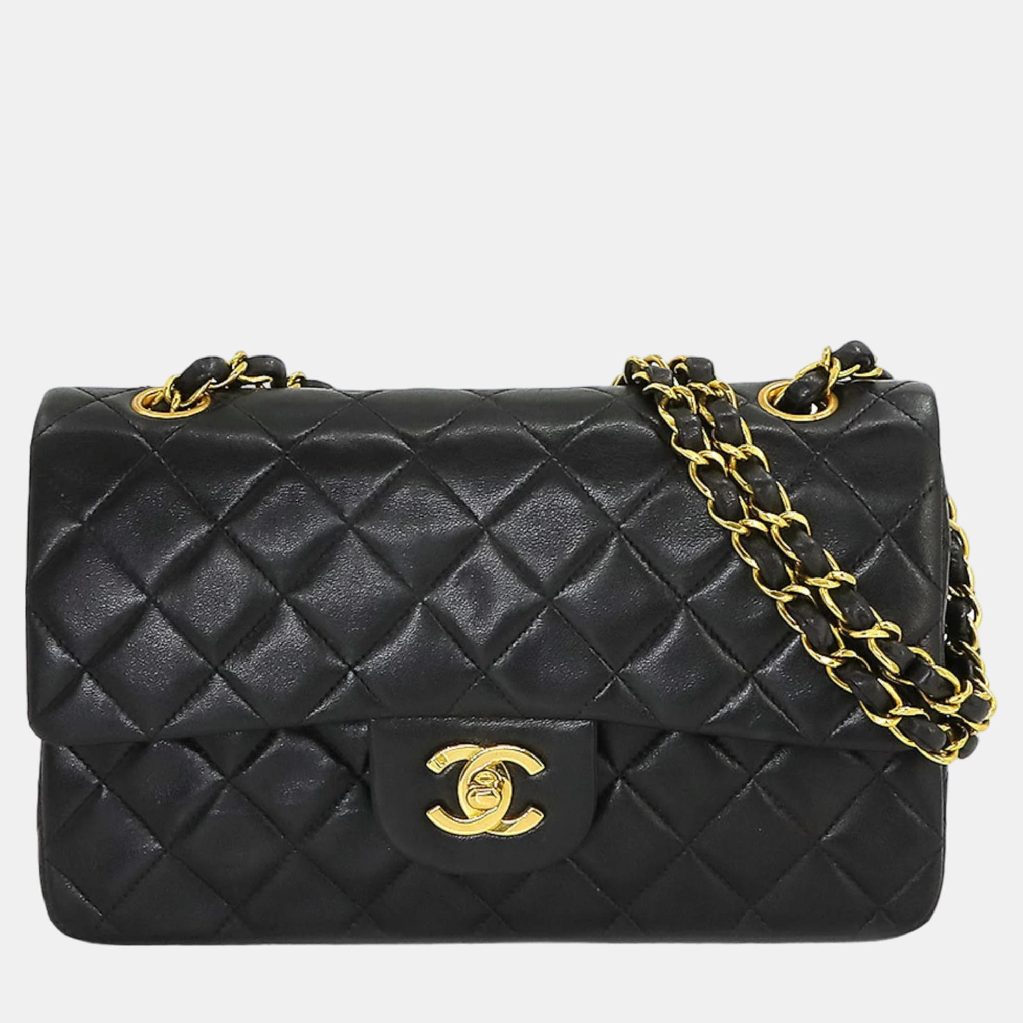 Chanel black lambskin leather small classic double flap shoulder bag