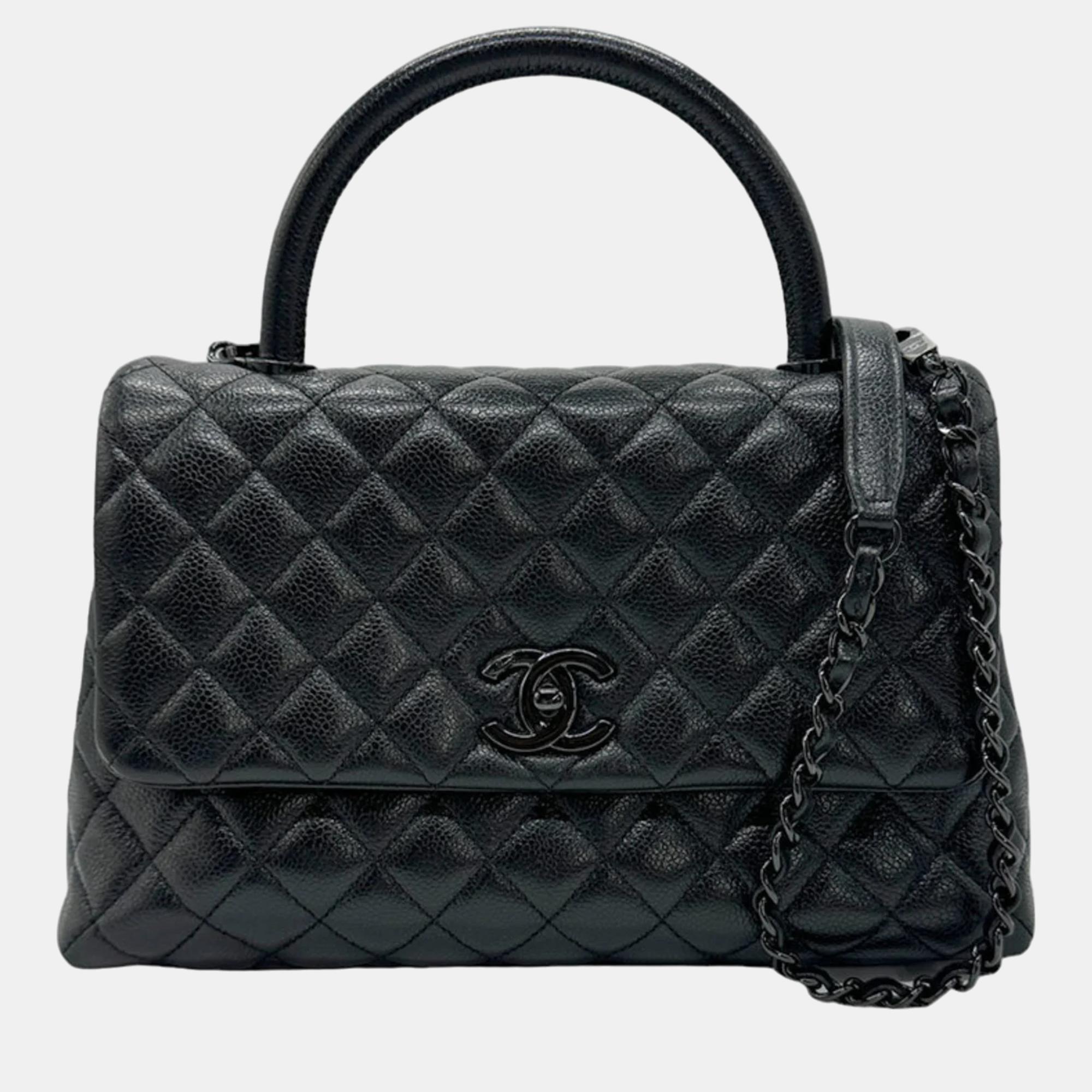 Chanel black leather small coco handle top handle bag