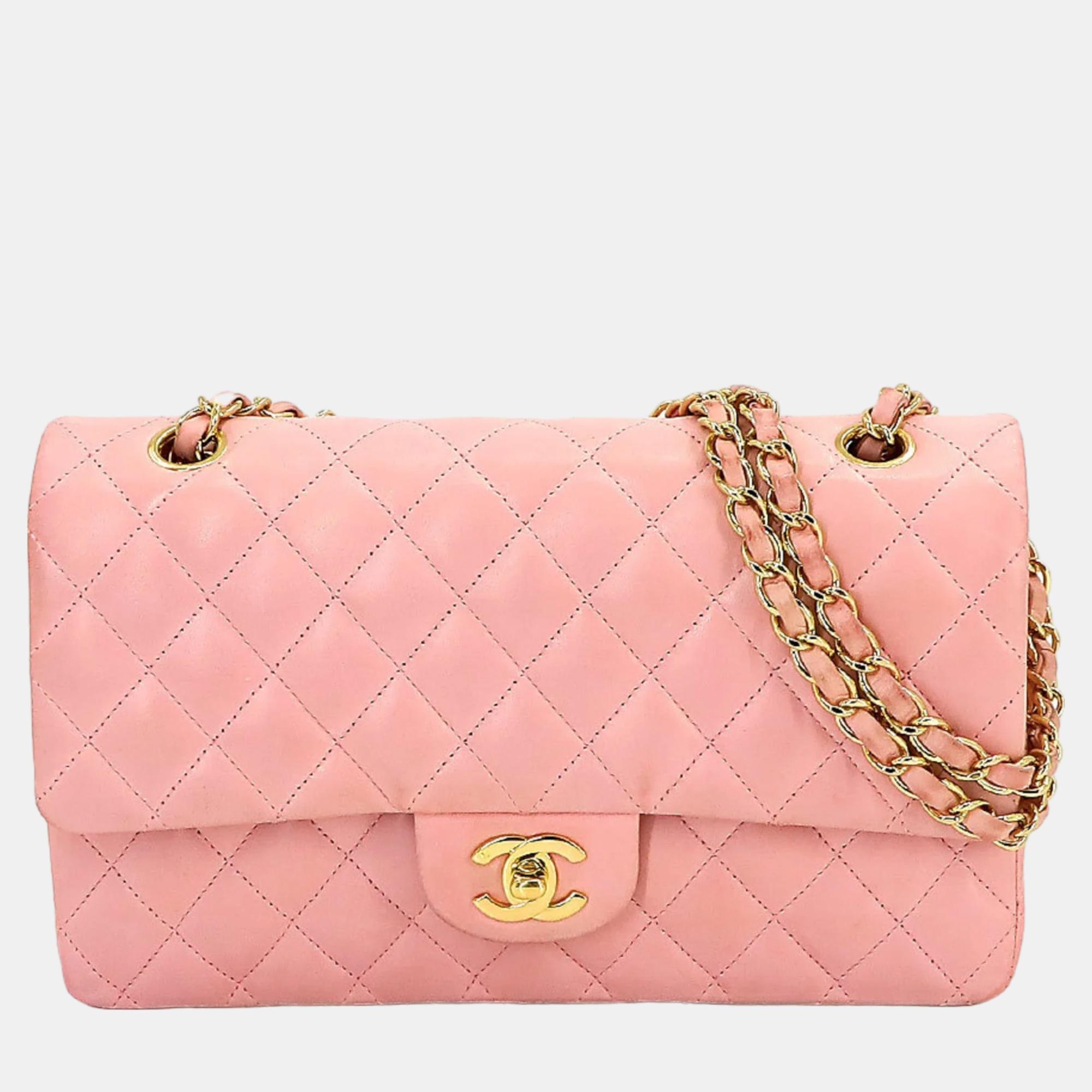 Chanel pink lambskin leather medium classic double flap shoulder bag