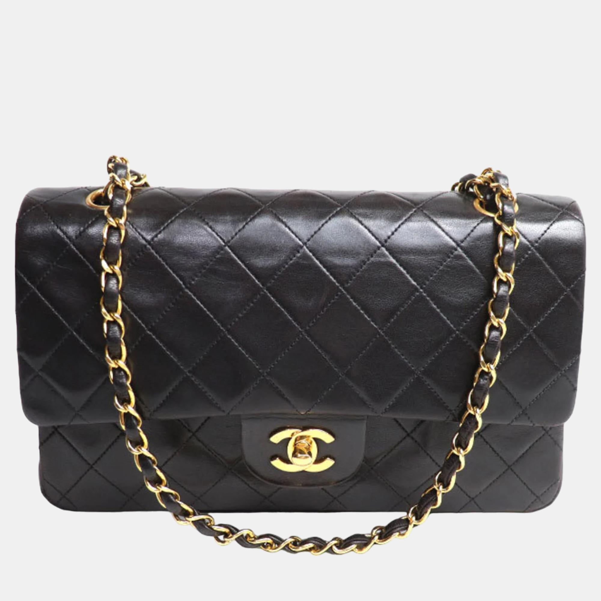 Chanel black lambskin leather  classic double flap shoulder bag