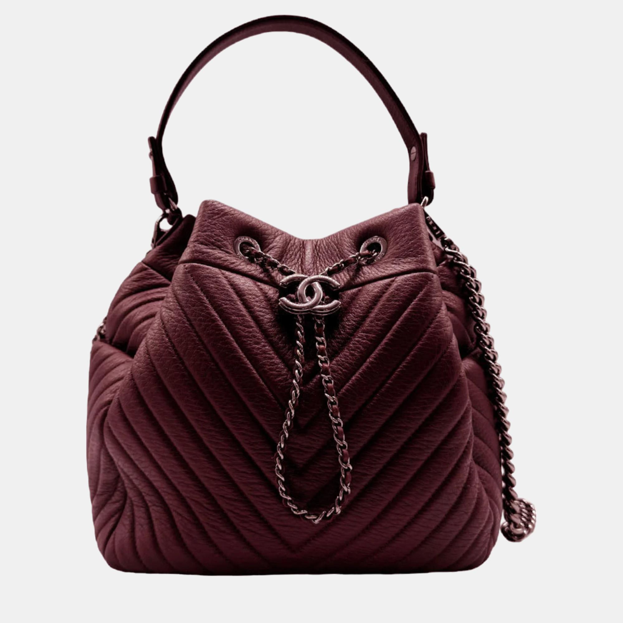 Chanel maroon v stitch paris-rome chain bucket bag