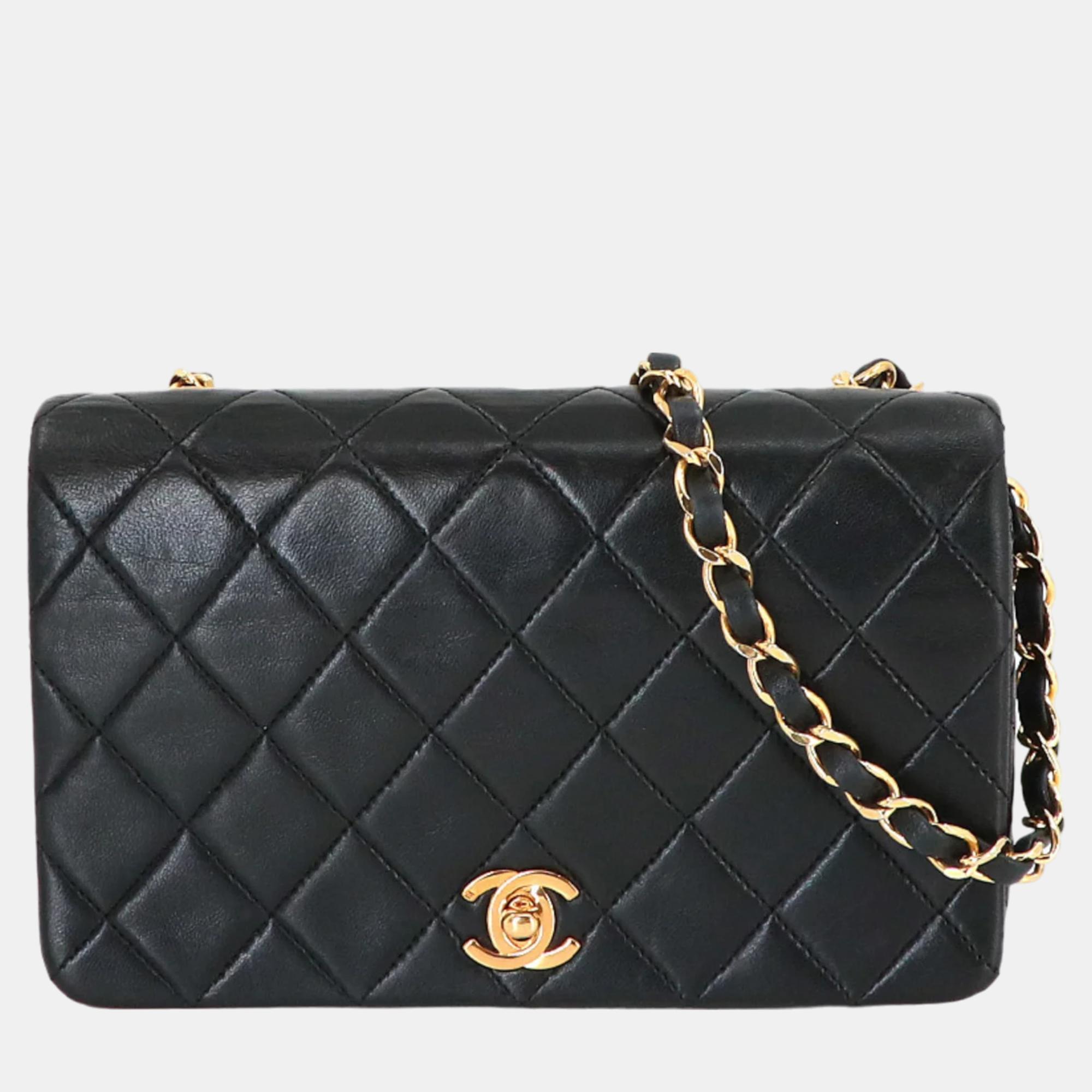 Chanel black quilted lambskin leather full single flap bag