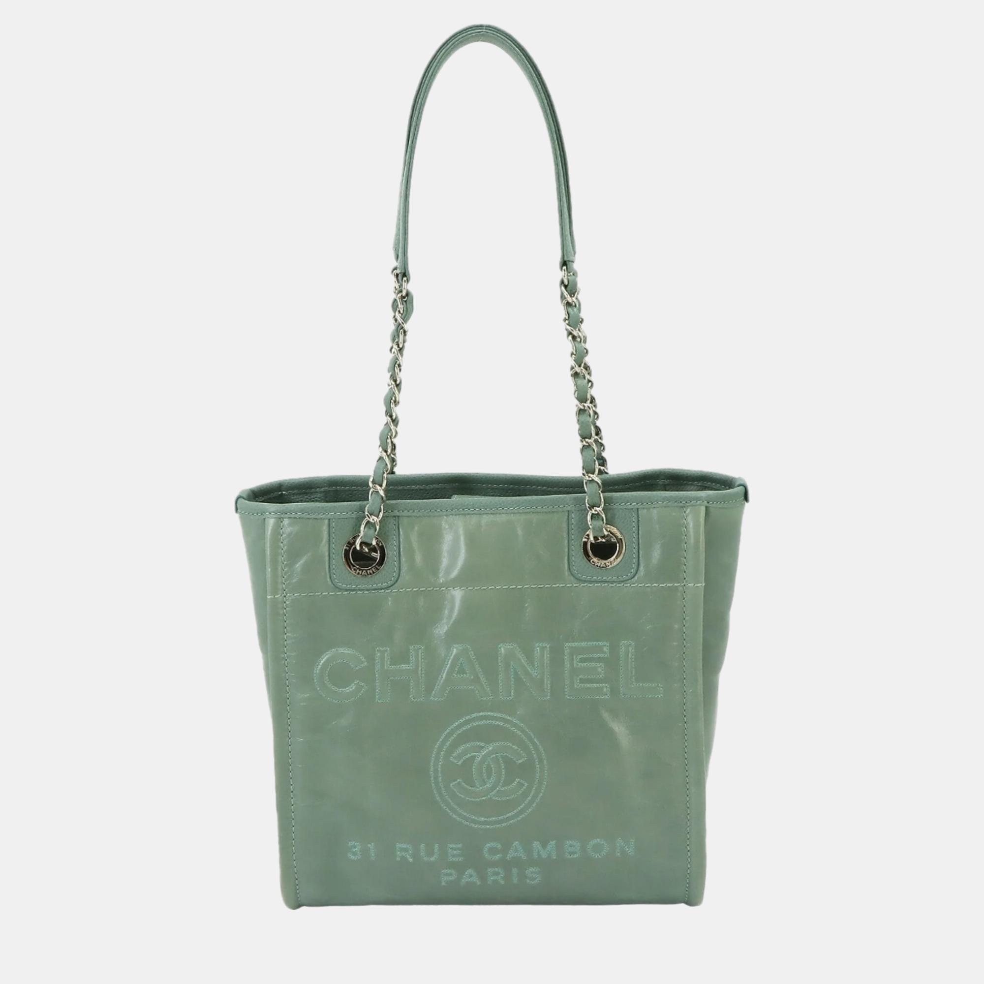 Chanel green leather deauville tote bag