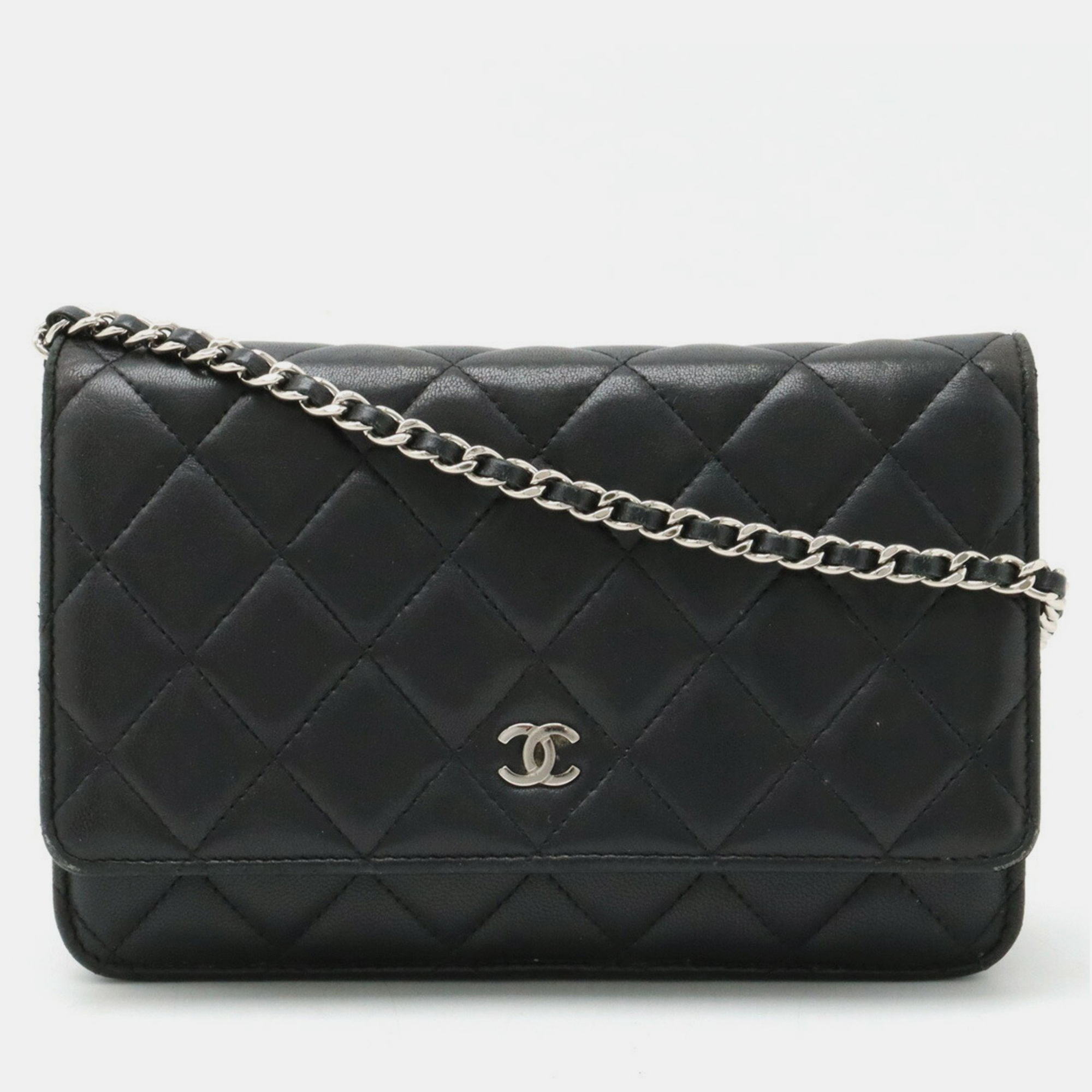 Chanel black leather quilted wallet on chain