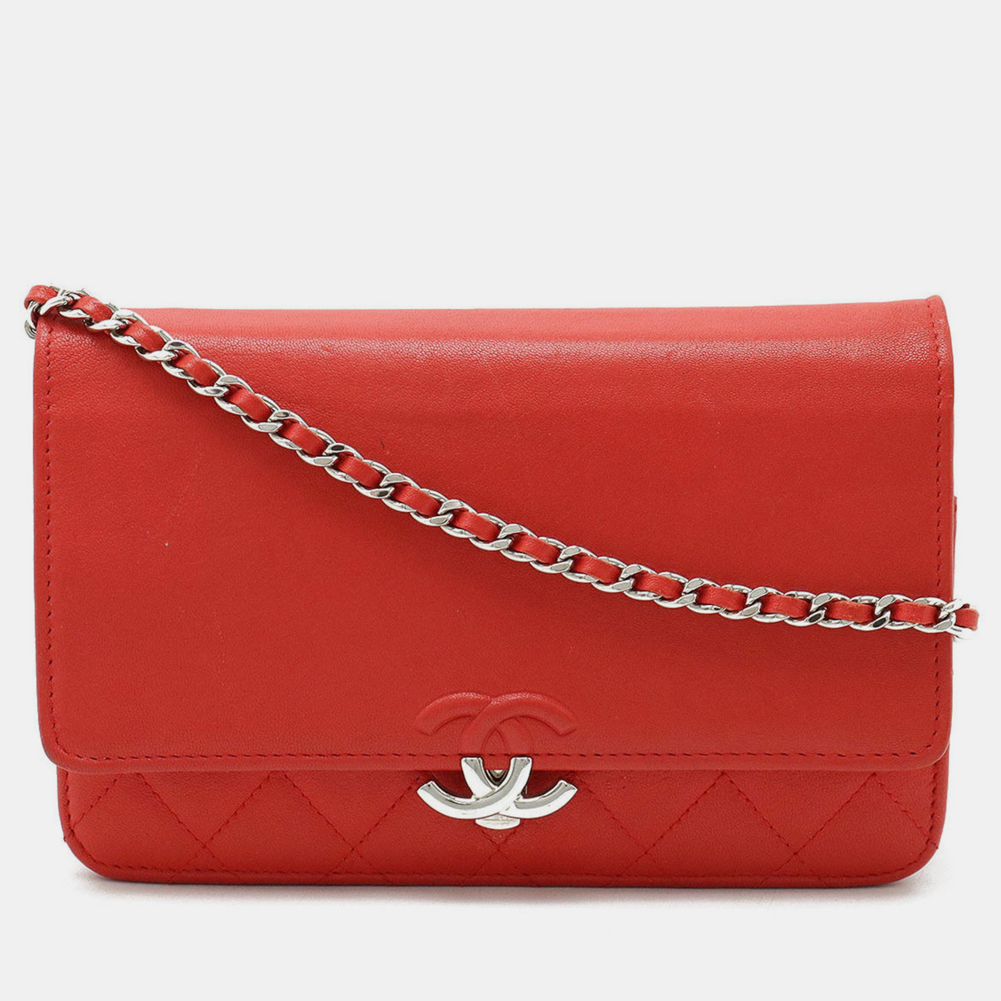 Chanel red leather quilted wallet on chain