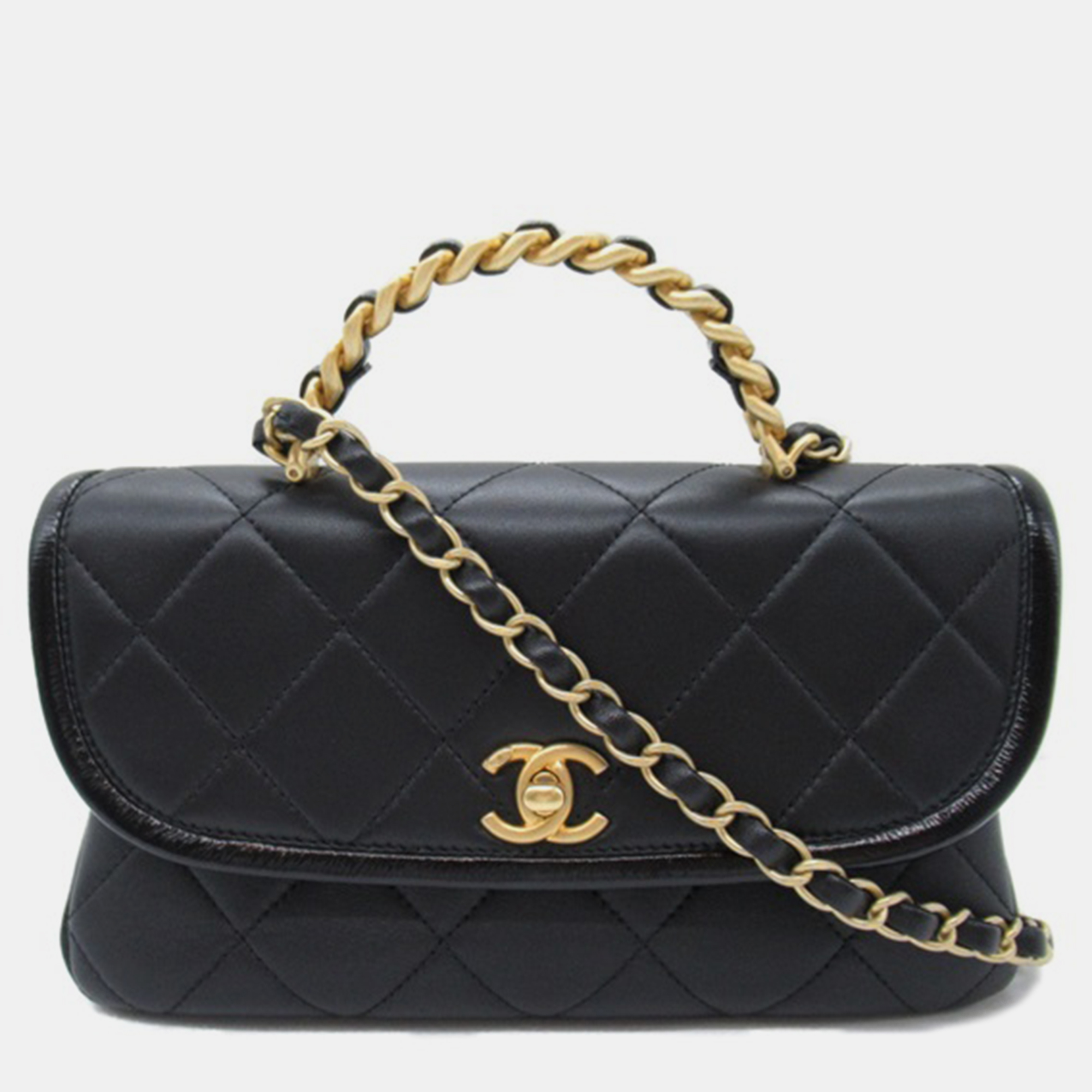 Chanel black leather cc quilted crumpled lambskin small handle chain bag
