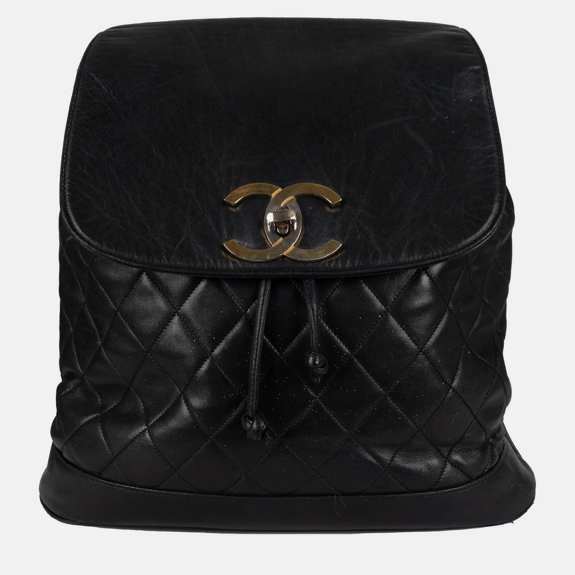 Chanel black leather vintage quilted lambskin drawstring backpack