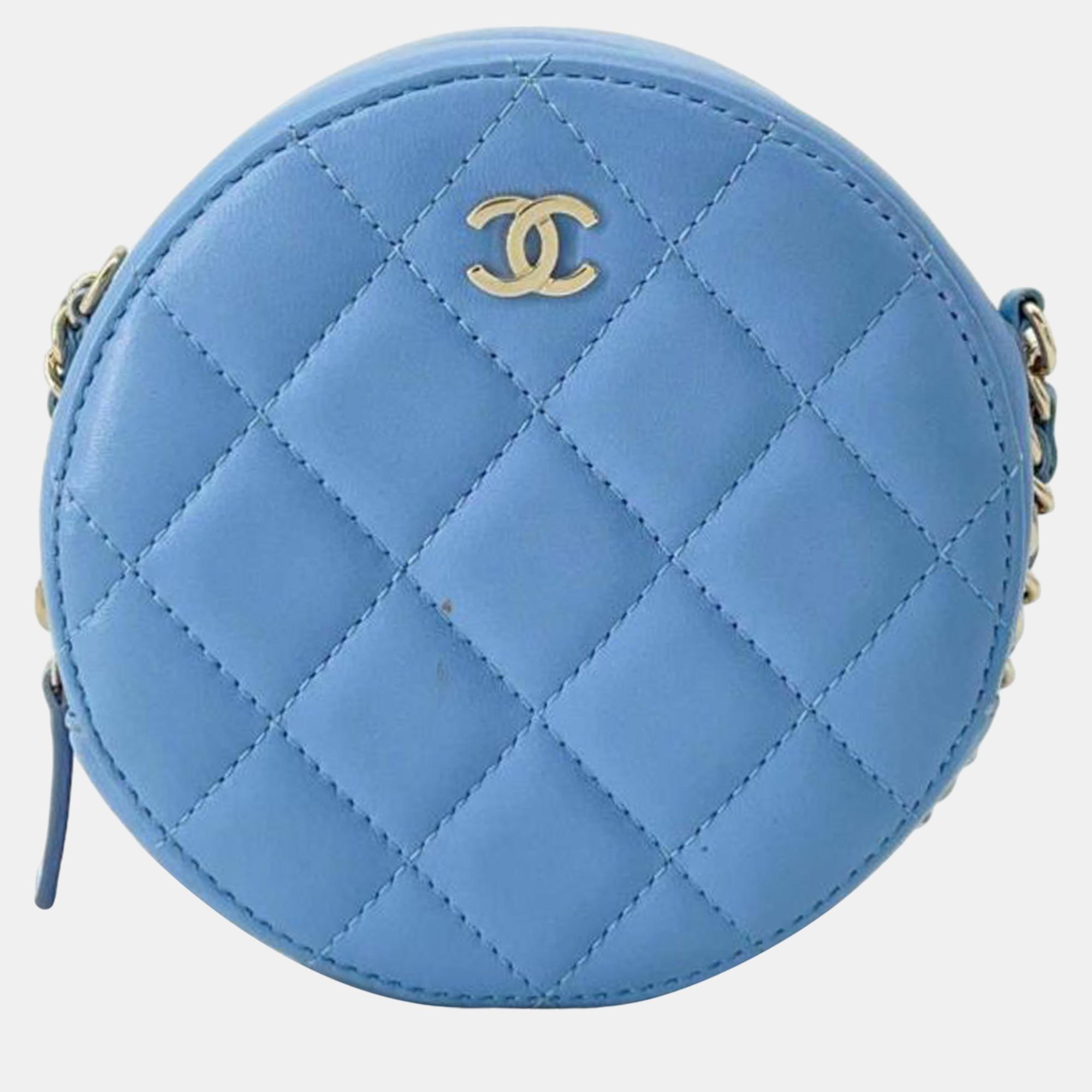 Chanel blue quilted lambskin round clutch with chain