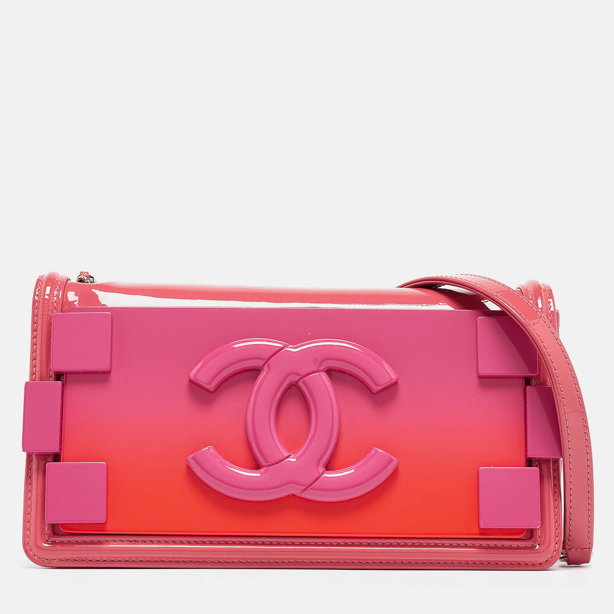 Chanel pink/orange plexiglass and patent leather small boy brick flap bag