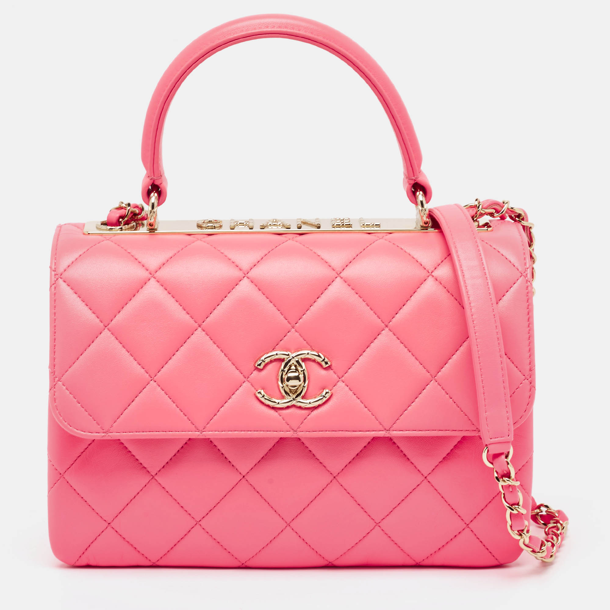 Chanel pink quilted leather small trendy cc top handle bag