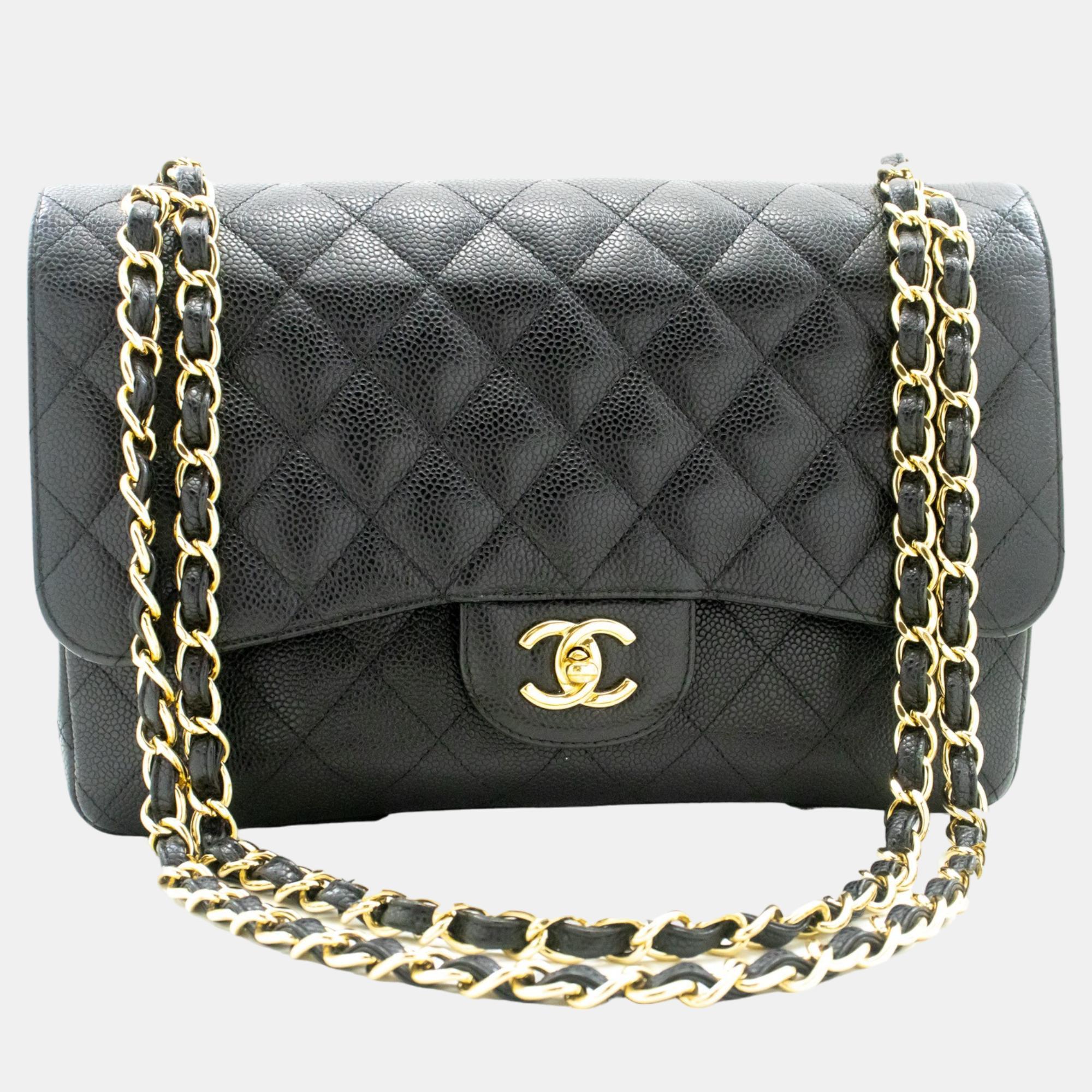 Chanel black caviar leather large classic double flap shoulder bag