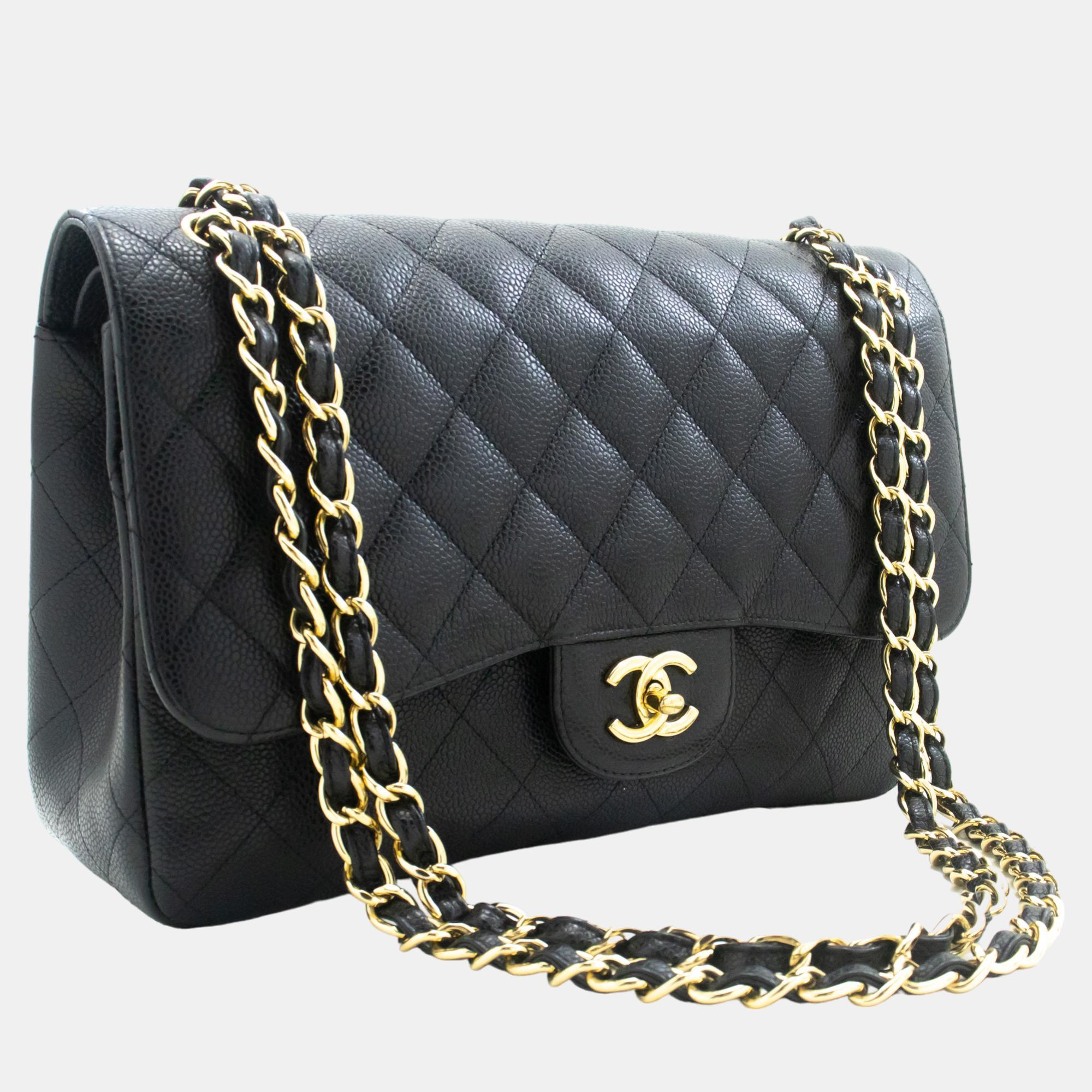 Chanel Black Caviar Leather Large Classic Double Flap Shoulder Bag