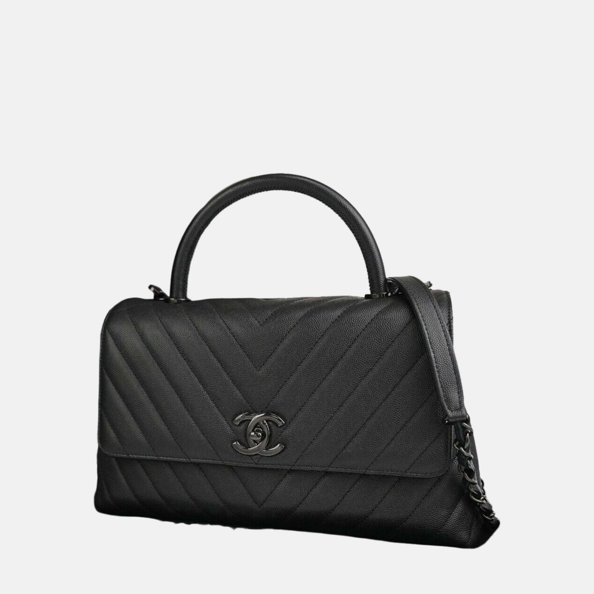 Chanel black leather medium coco handle top handle bag