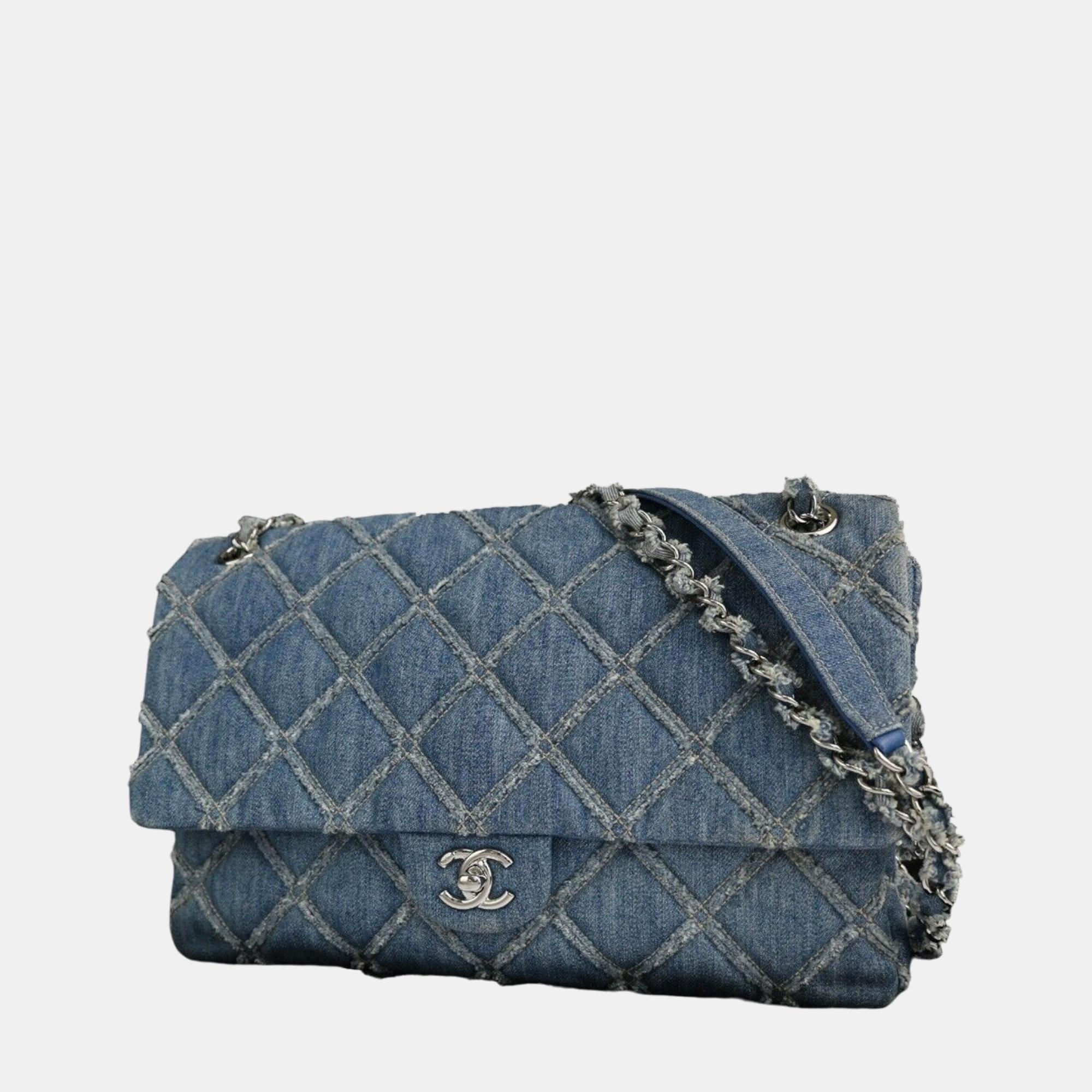 Chanel blue distressed quilted denim medium single flap bag