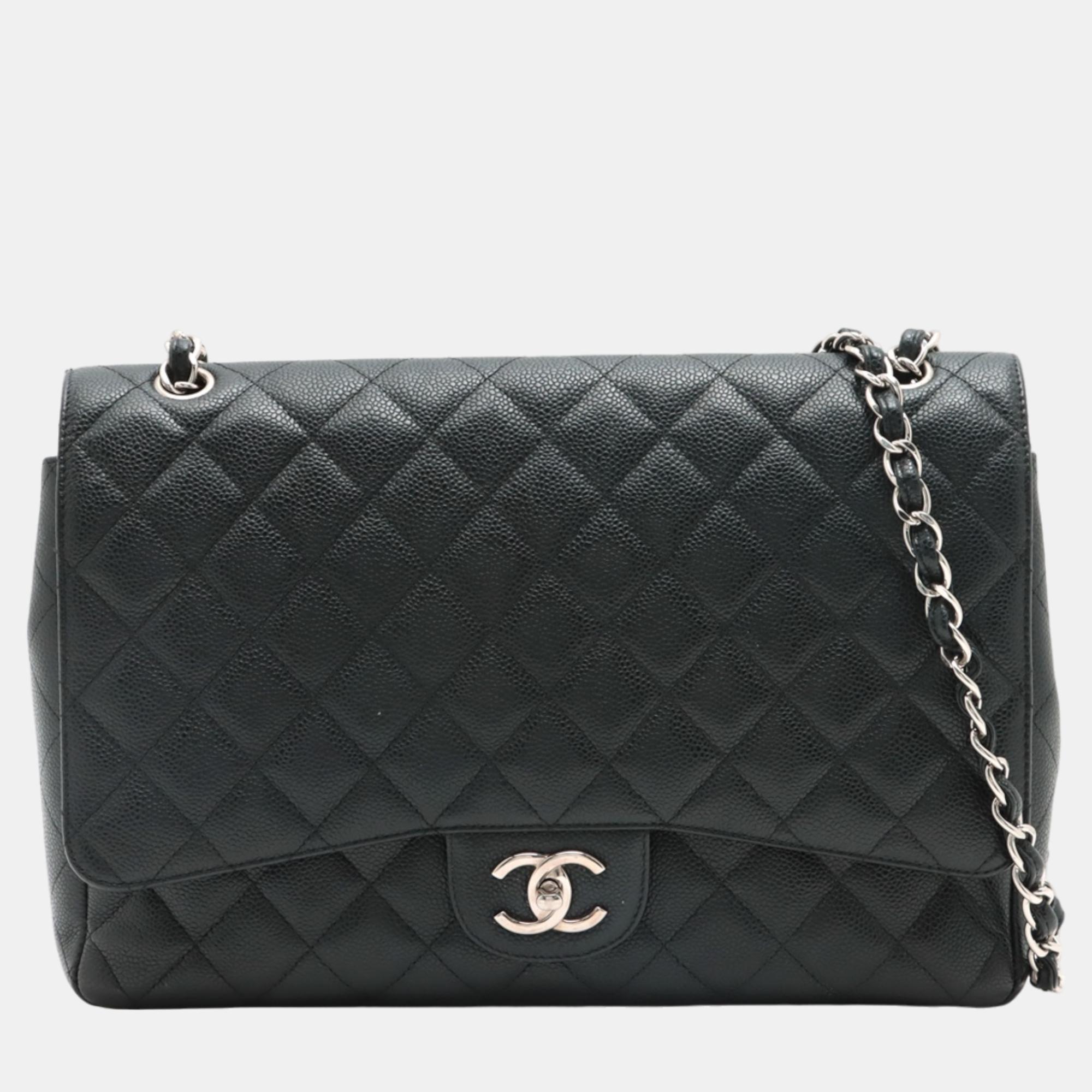 Chanel black caviar leather maxi classic double flap shoulder bag