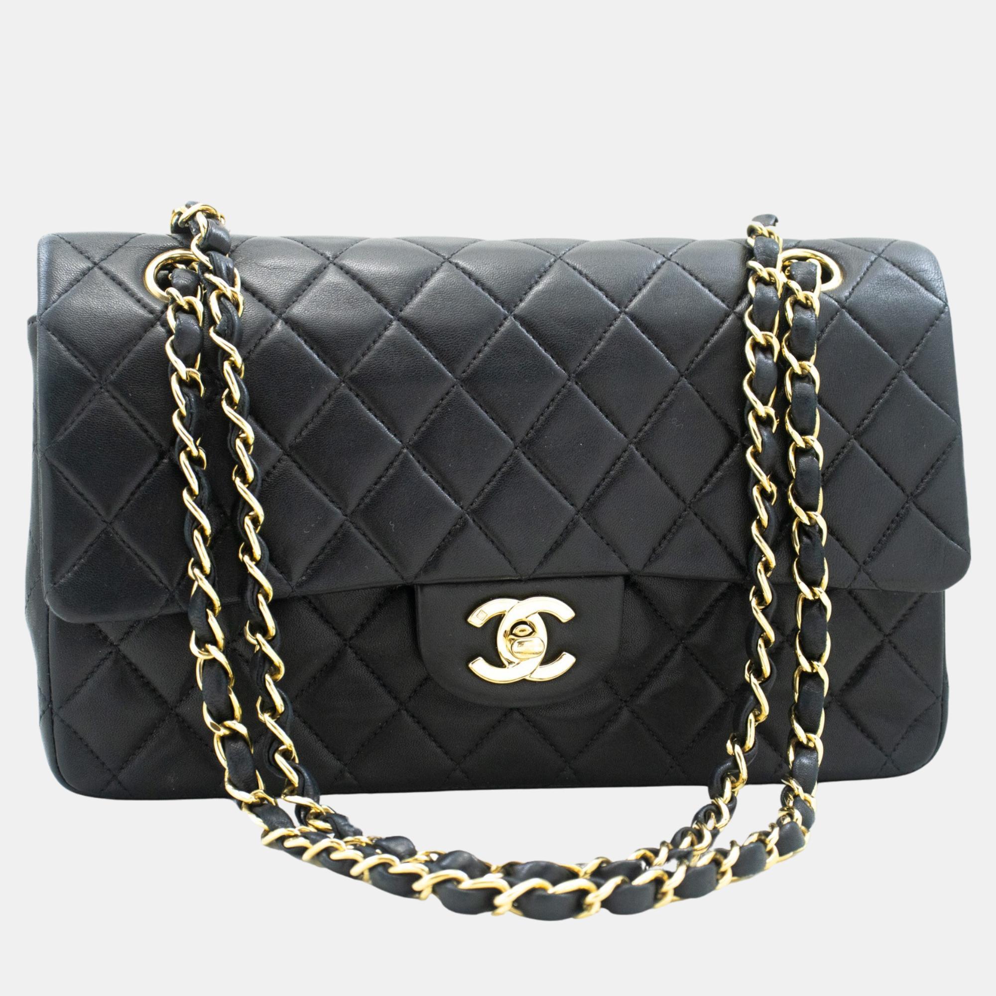 Chanel black lambskin leather medium classic double flap shoulder bag