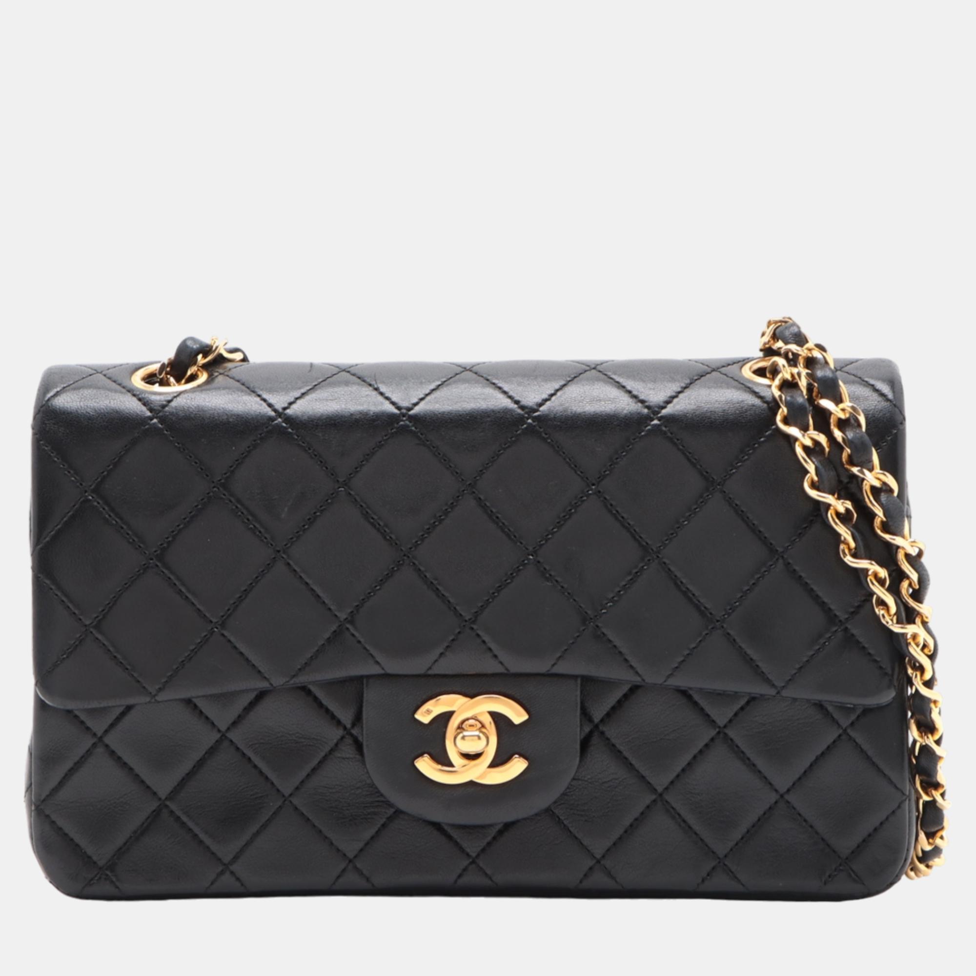 Chanel black lambskin leather small classic double flap shoulder bags