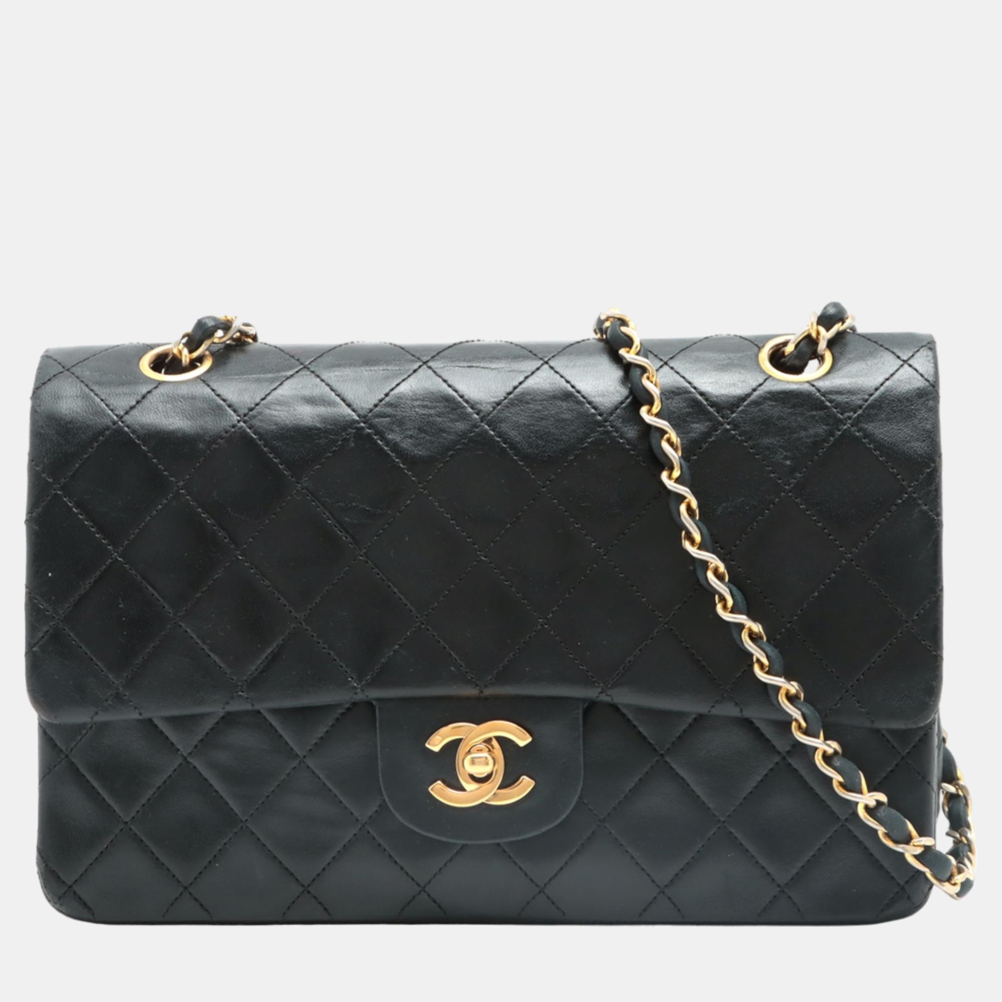 Chanel black lambskin leather medium classic double flap shoulder bags