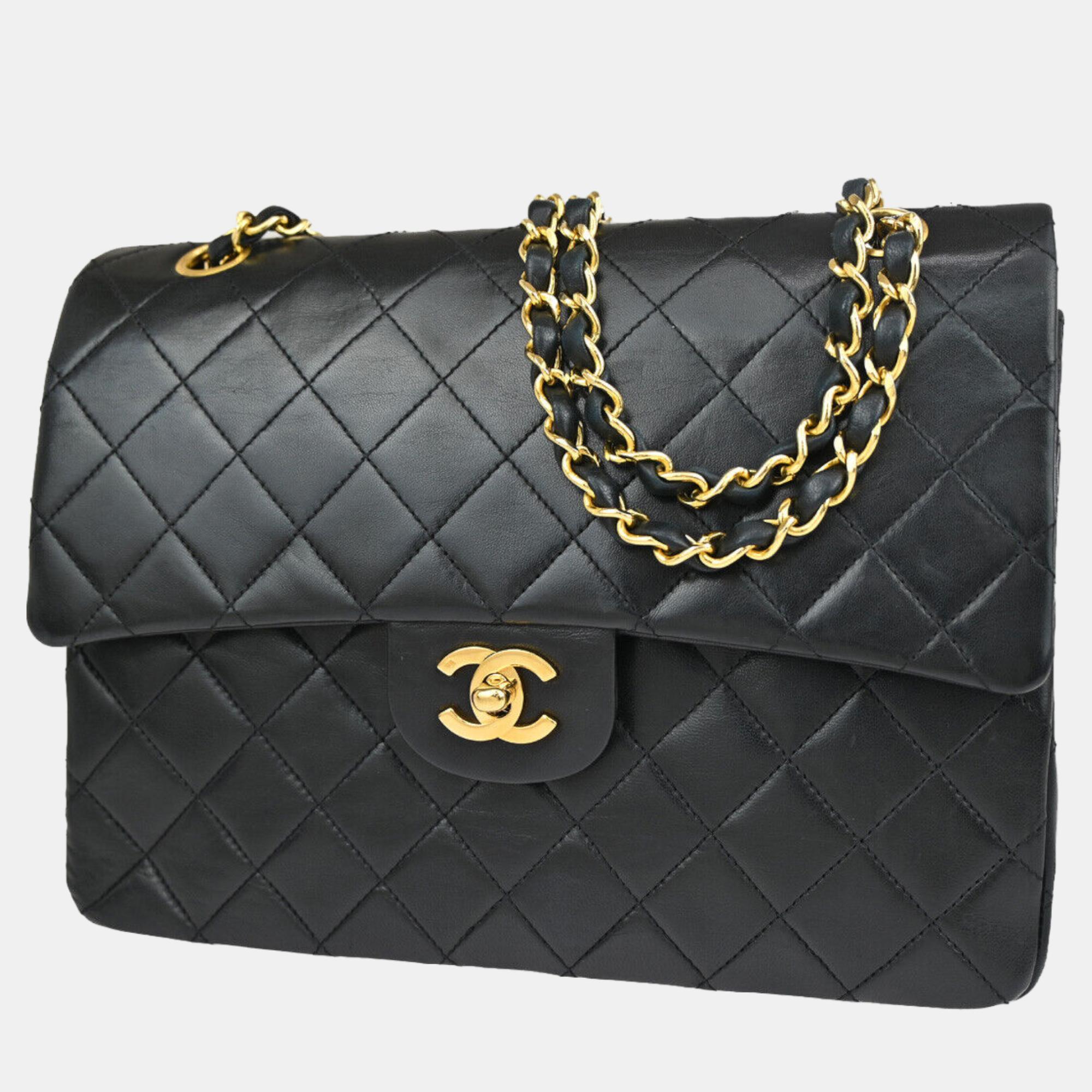 Chanel black lambskin leather  classic single flap shoulder bags
